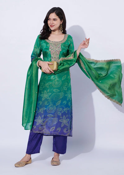 Green-Blue ombré tissue straight cut Kurti set