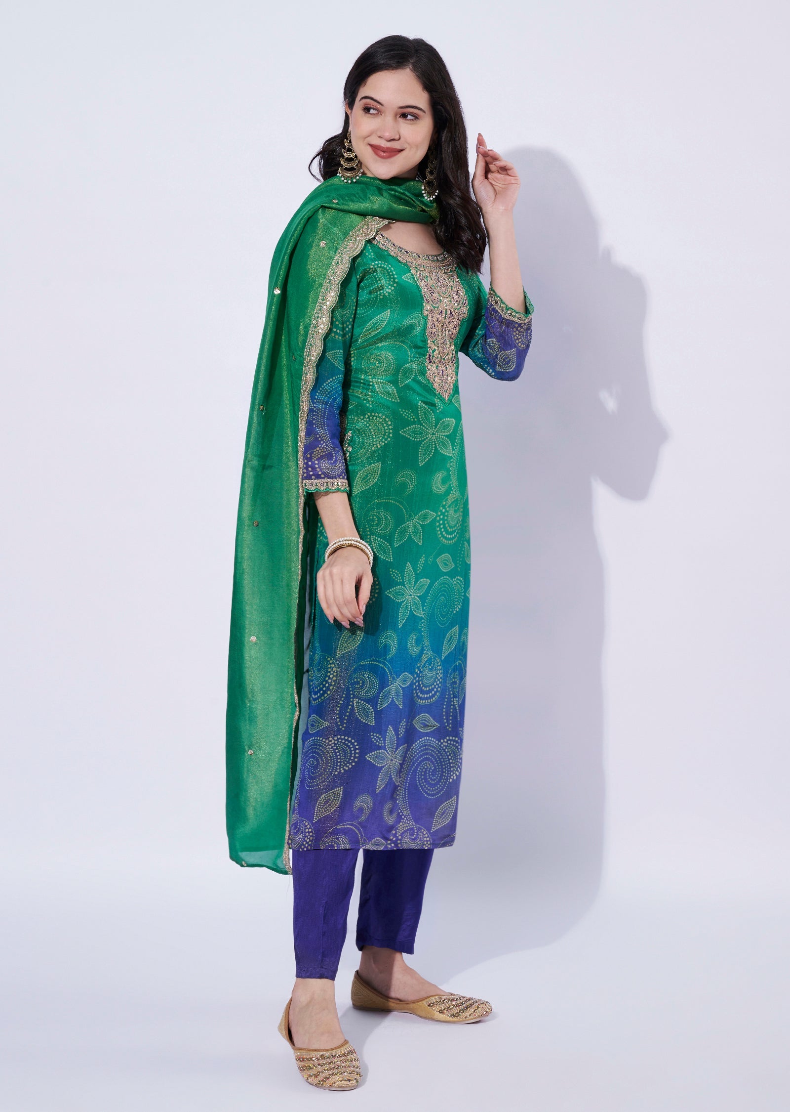 Green-Blue ombré tissue straight cut Kurti set