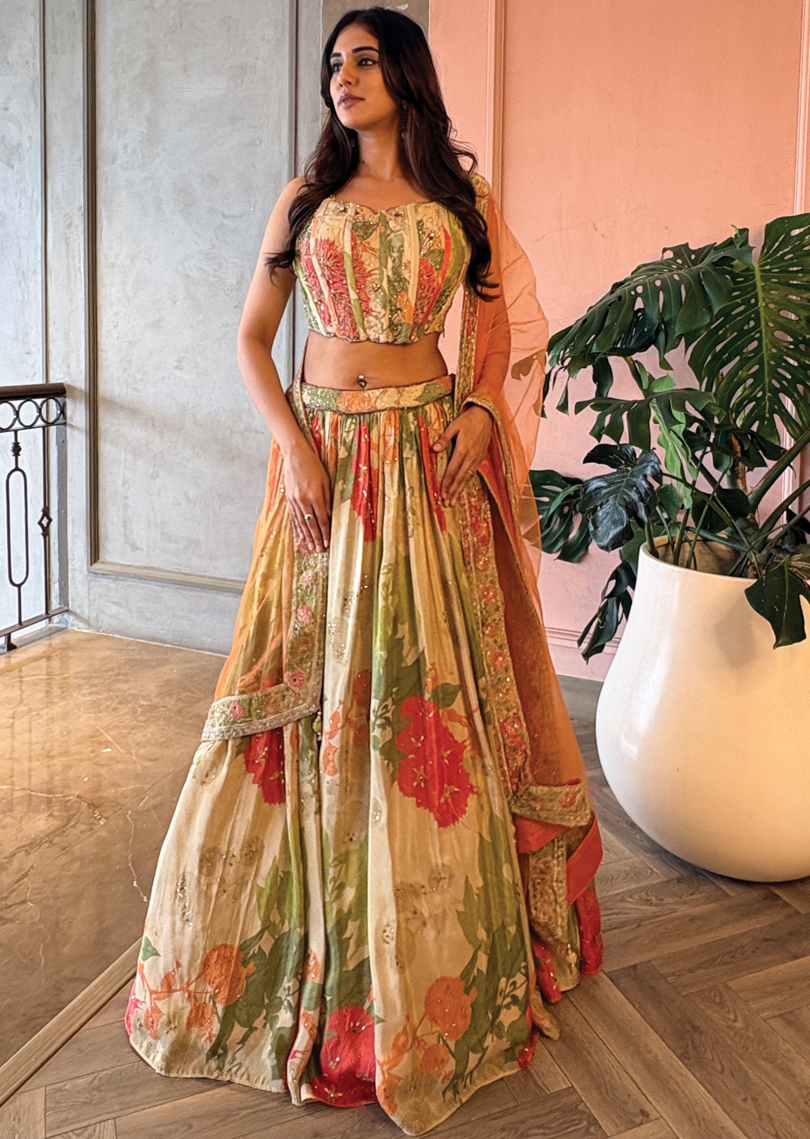 Floral printed tissue corset lehenga