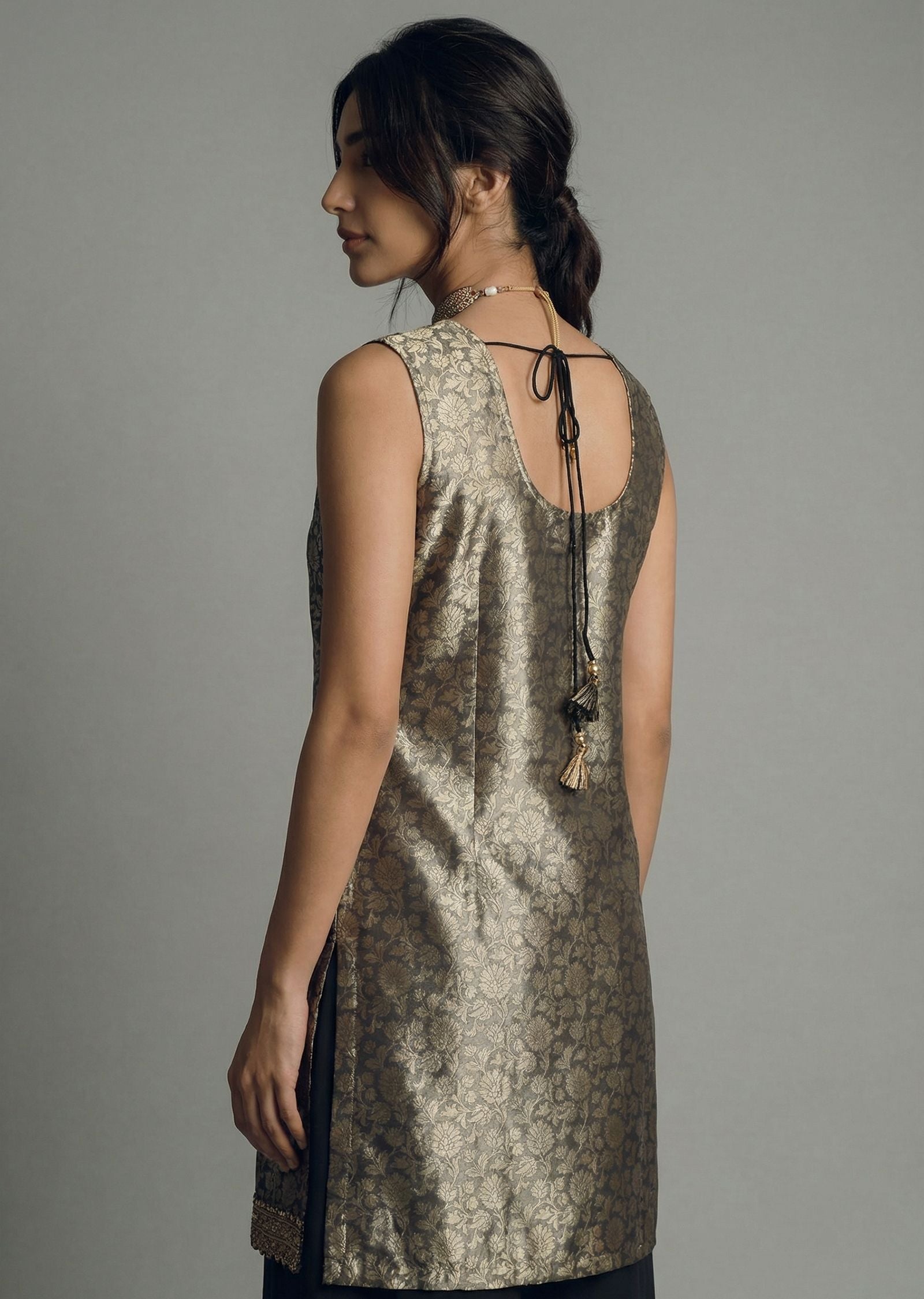 Black Sharara Suit With Gold Brocade (Set Of 4)