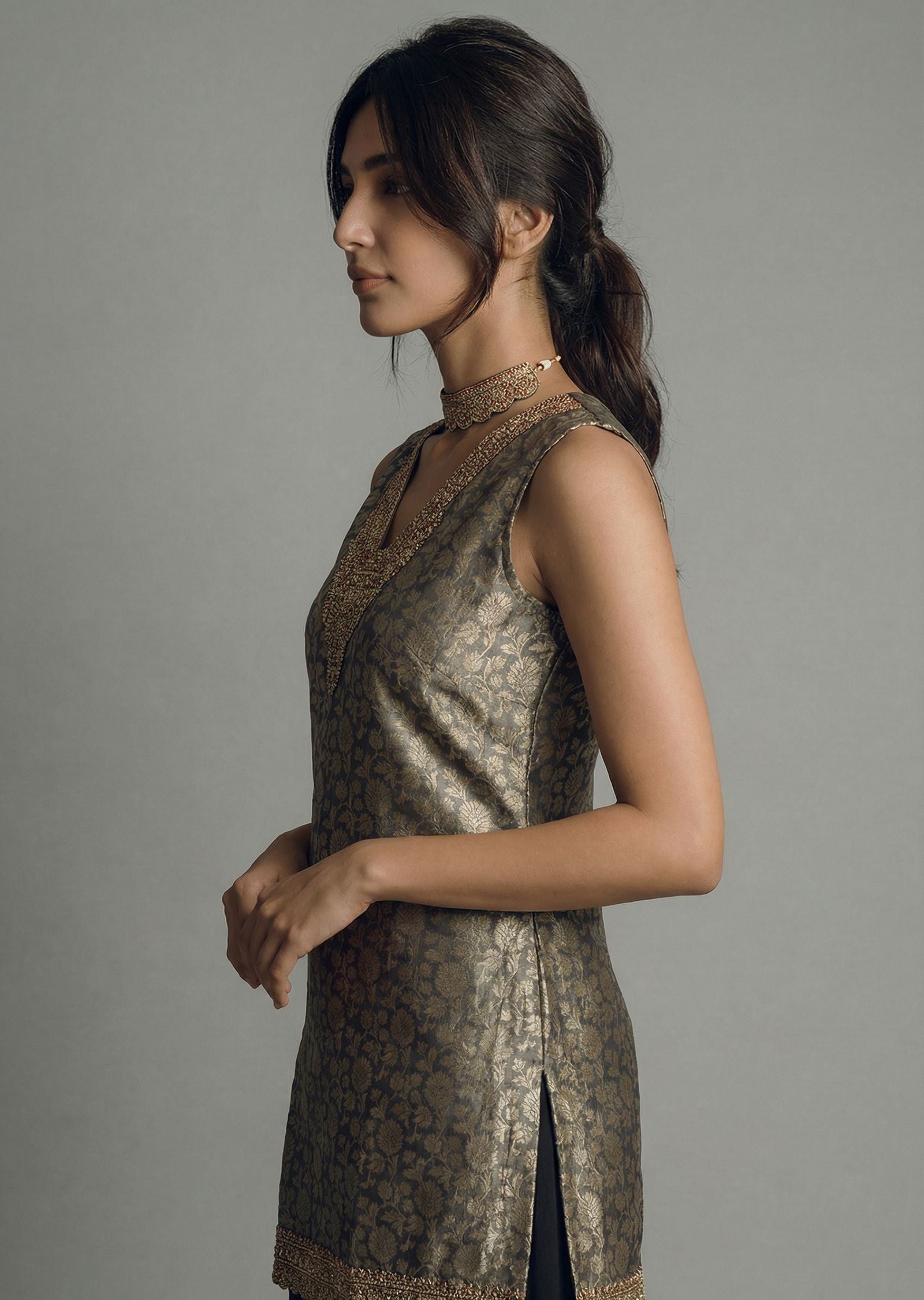 Black Sharara Suit With Gold Brocade (Set Of 4)