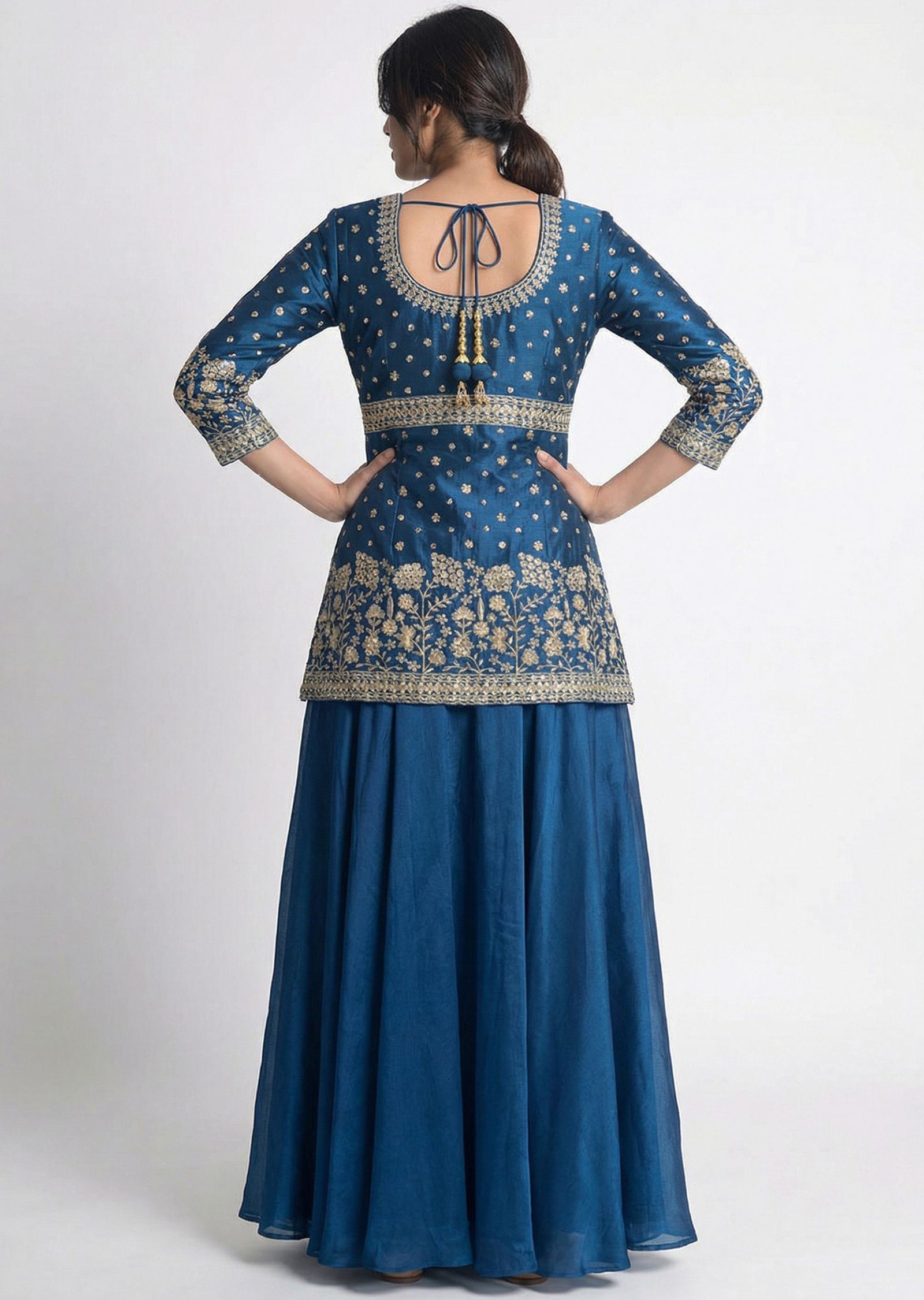 Teal Blue Embroidered Kurti & Palazzo (Set Of 3)