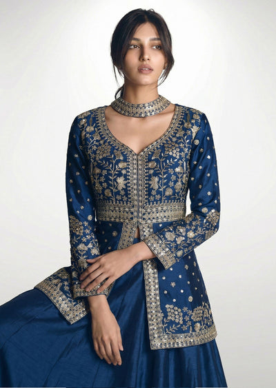 Teal Blue Embroidered Kurti & Palazzo