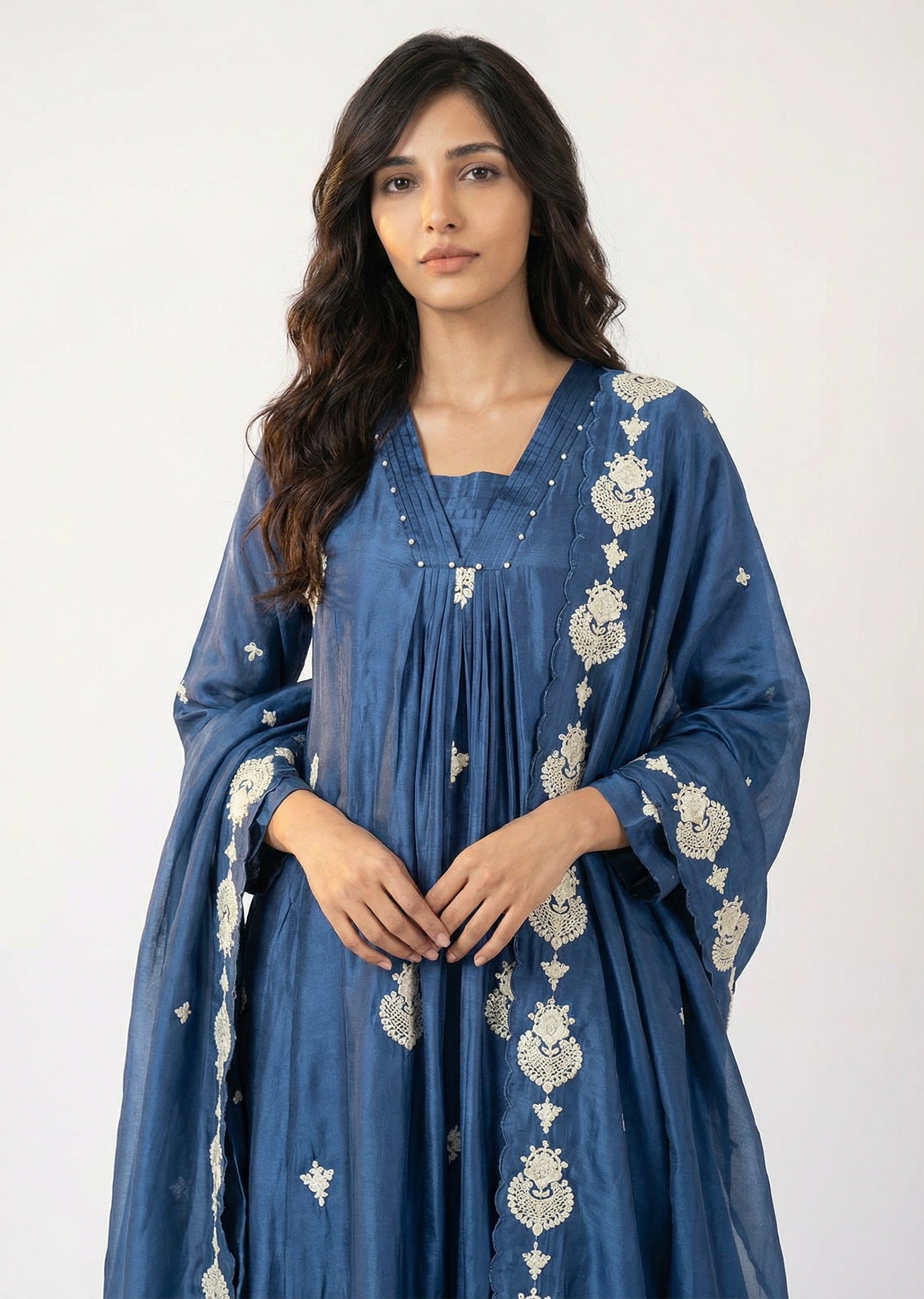 Elegant Navy Blue Chinnon Anarkali Suit