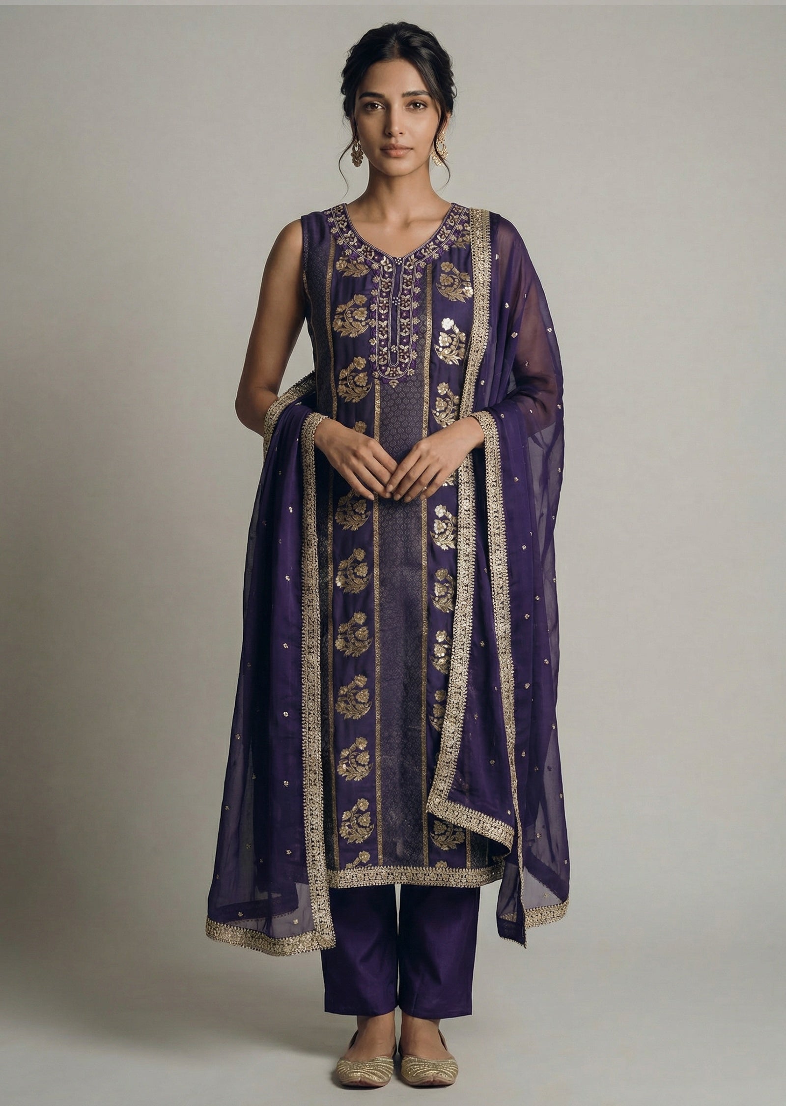 Purple Banarasi Brocade Straight Suit