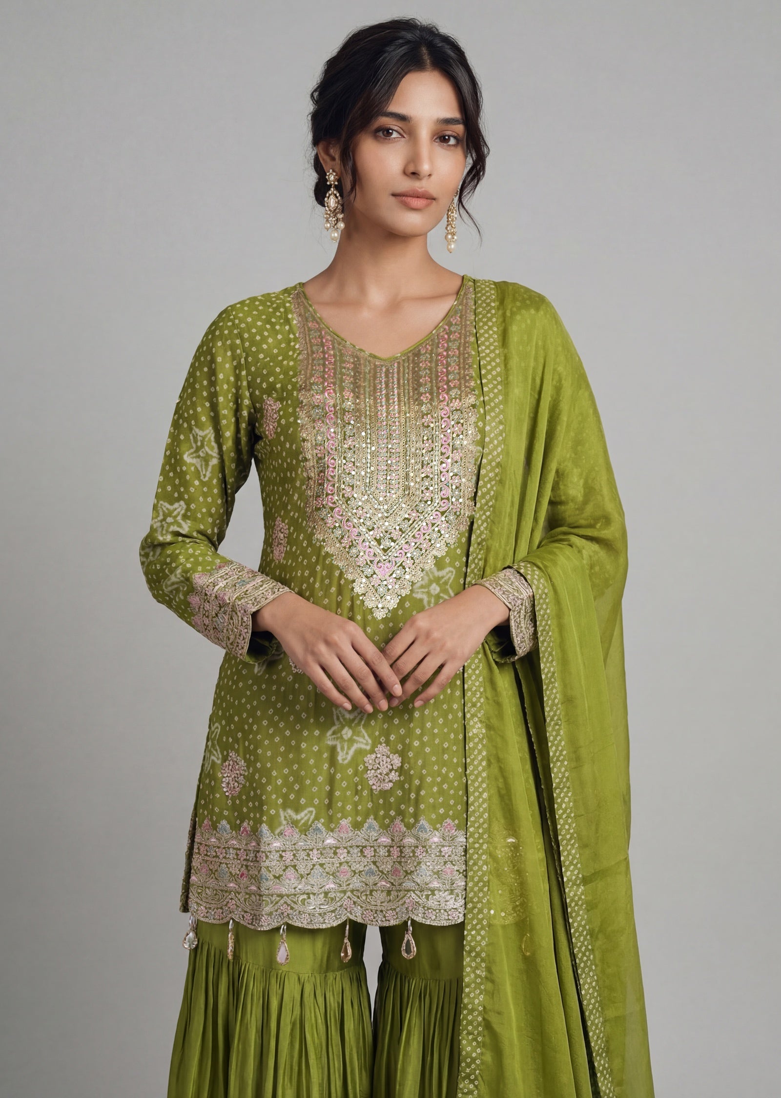 Mehendi Green Embroidered Bandhani Sharara