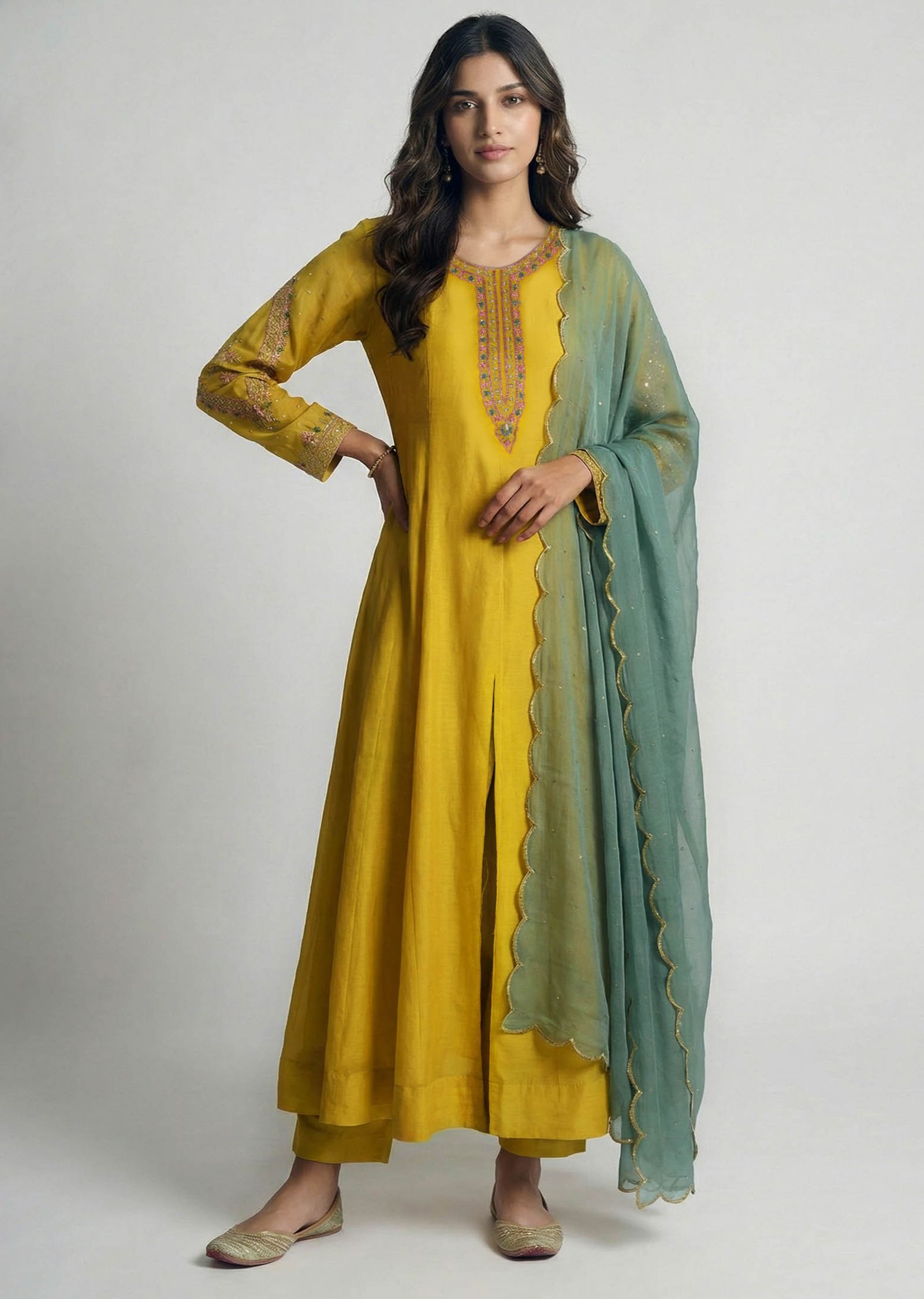 mustard green dress Contrasting Anarkali Set With Sage Dupatta Color:Pirouette Pink Chiffon A-Line Empire Sleeveless 100% Cotton 09-30-2025