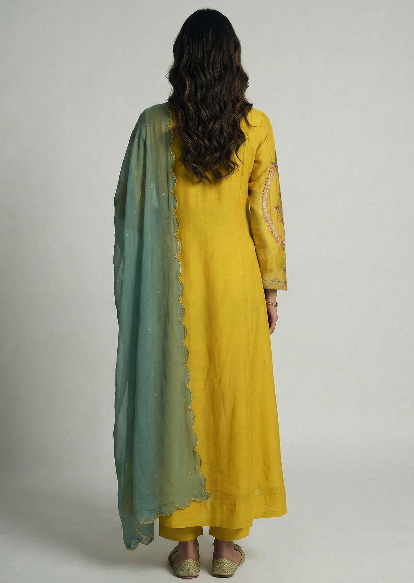 Mustard Contrasting Anarkali Set With Sage Green Dupatta