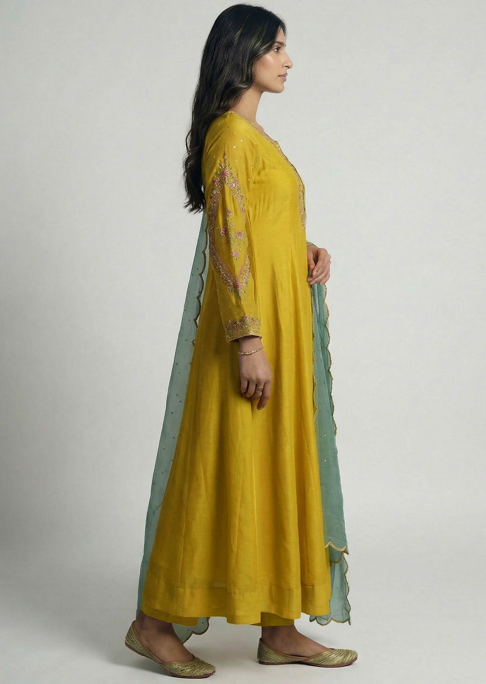 Mustard Contrasting Anarkali Set With Sage Green Dupatta