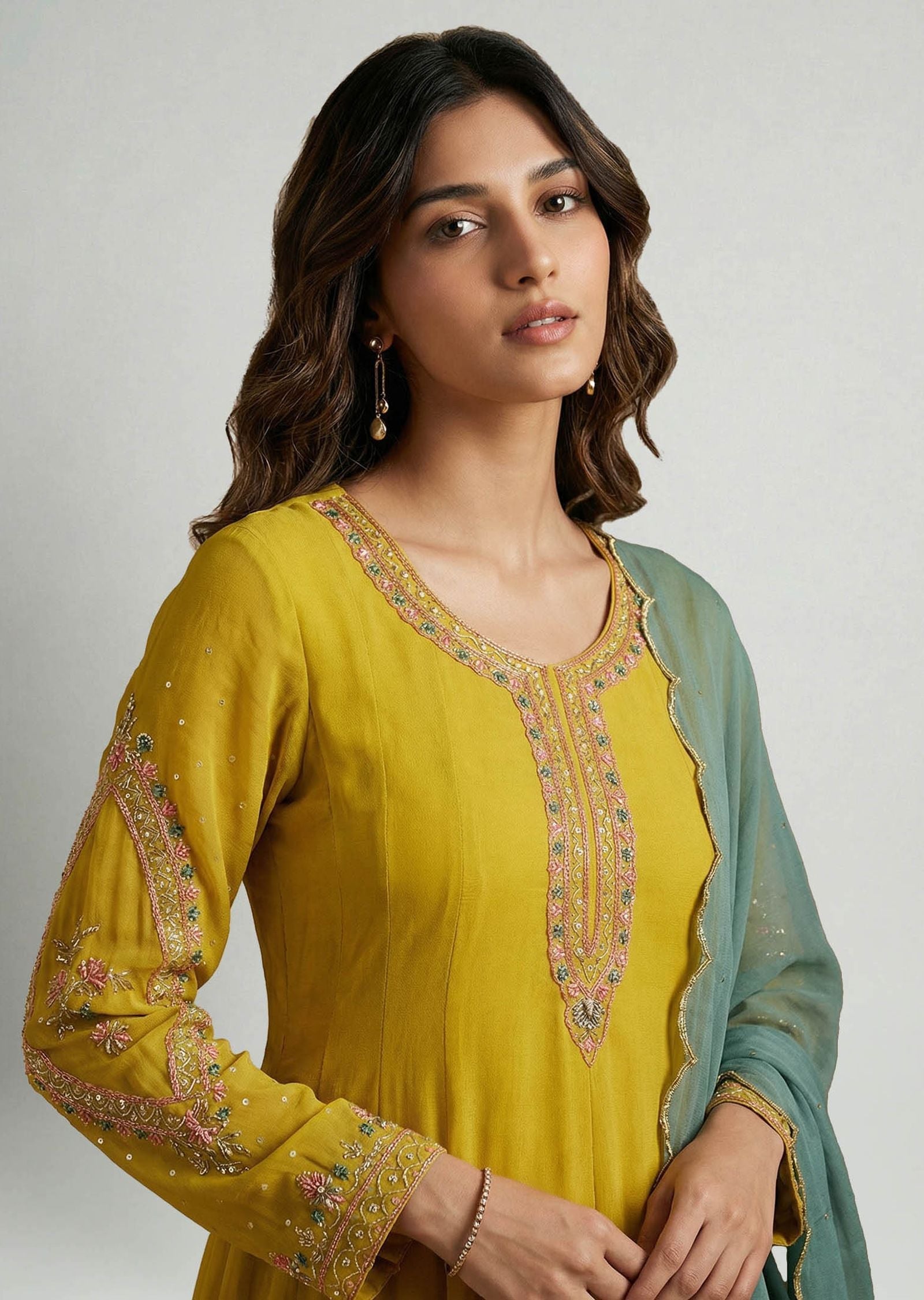 Mustard Contrasting Anarkali Set With Sage Green Dupatta