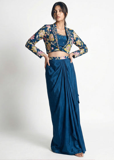 Teal Blue Draped Skirt And Printed Jacket Set