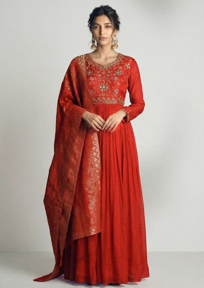 Rust Orange Anarkali With Banarasi Dupatta