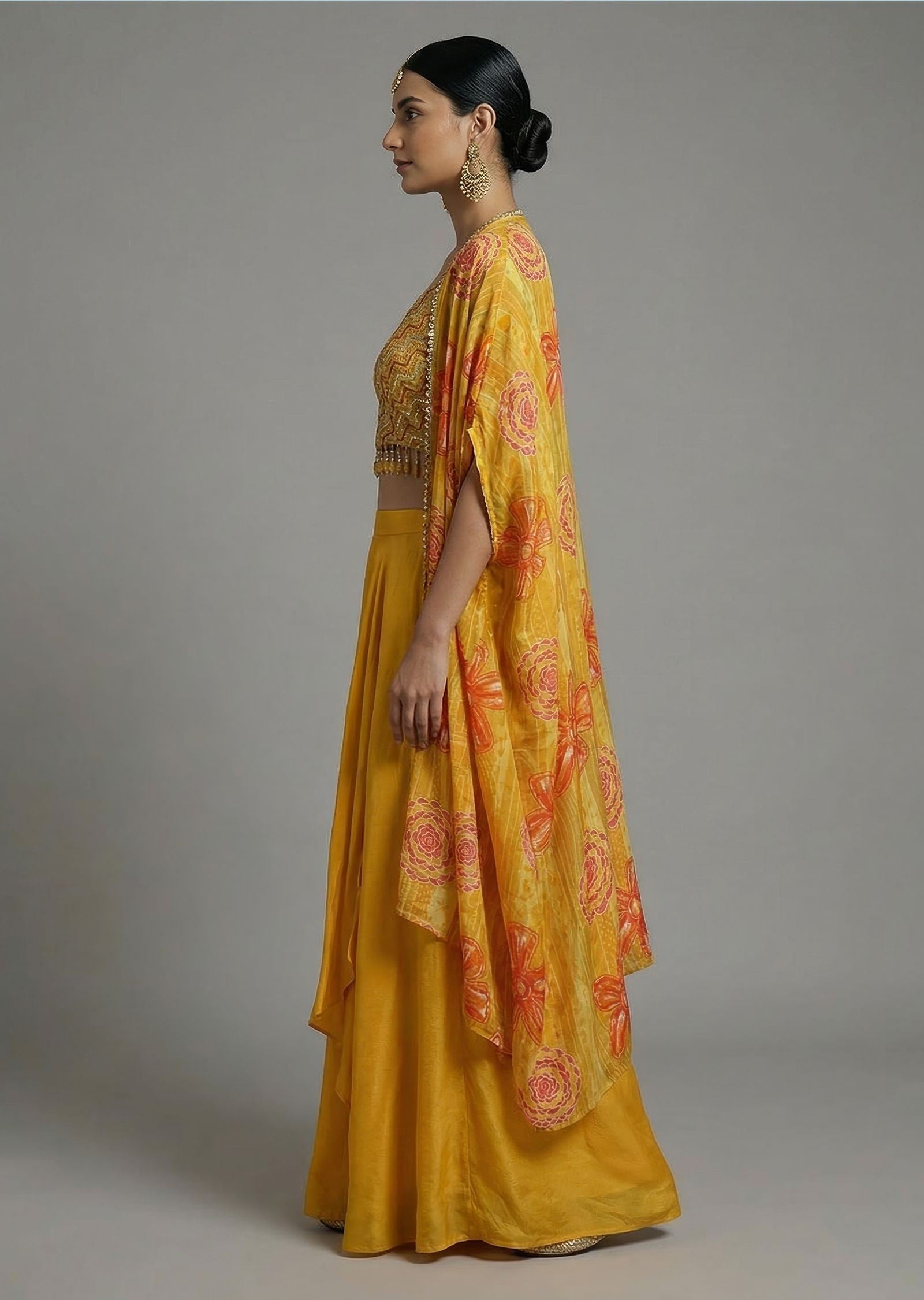 Mustard Indo-Western Set With Cape