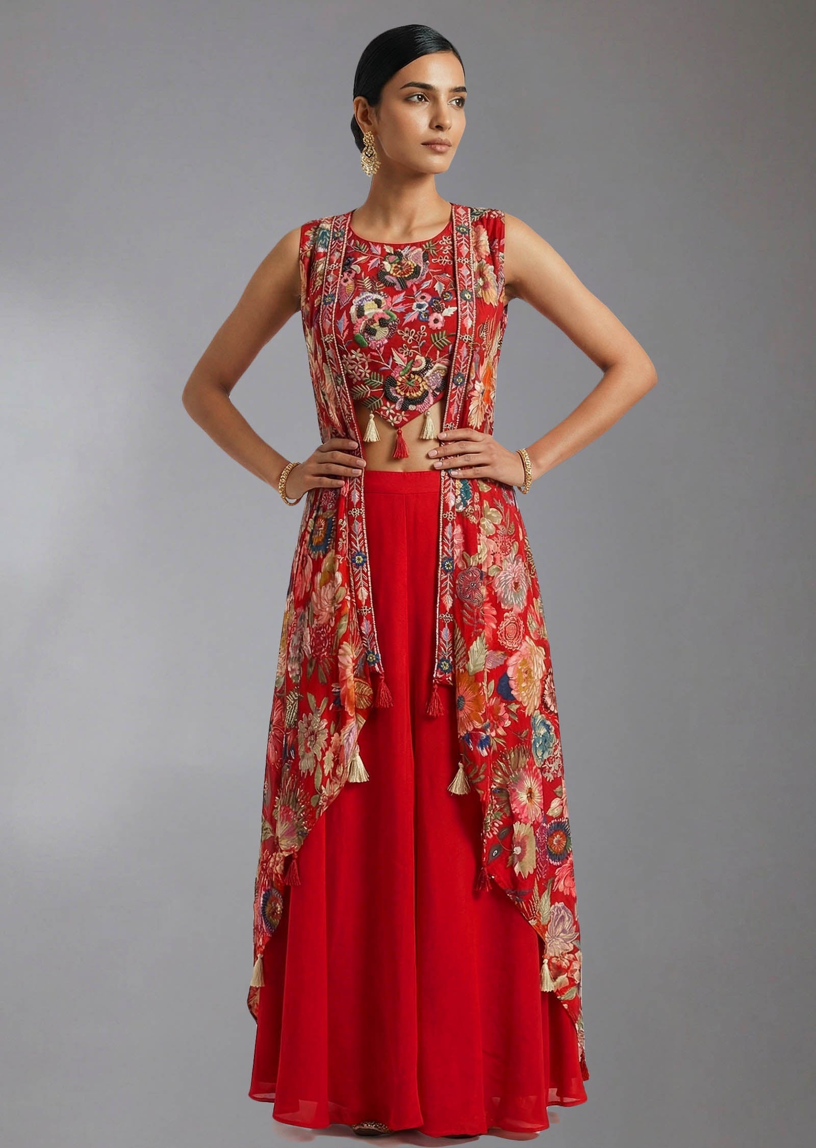 Pink Embroidered Blouse, Jacket and Palazzo Set