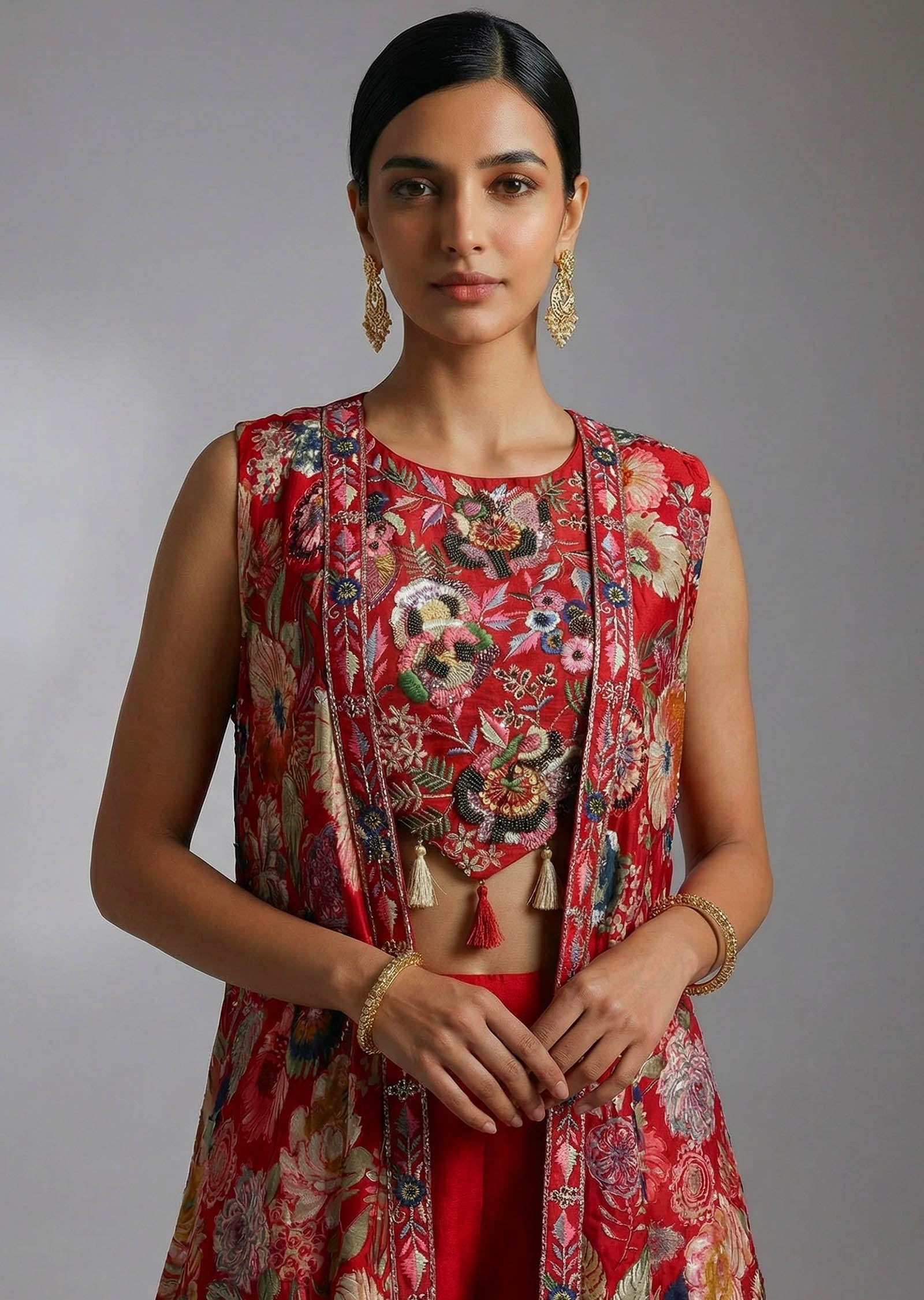 Pink Embroidered Blouse, Jacket and Palazzo Set