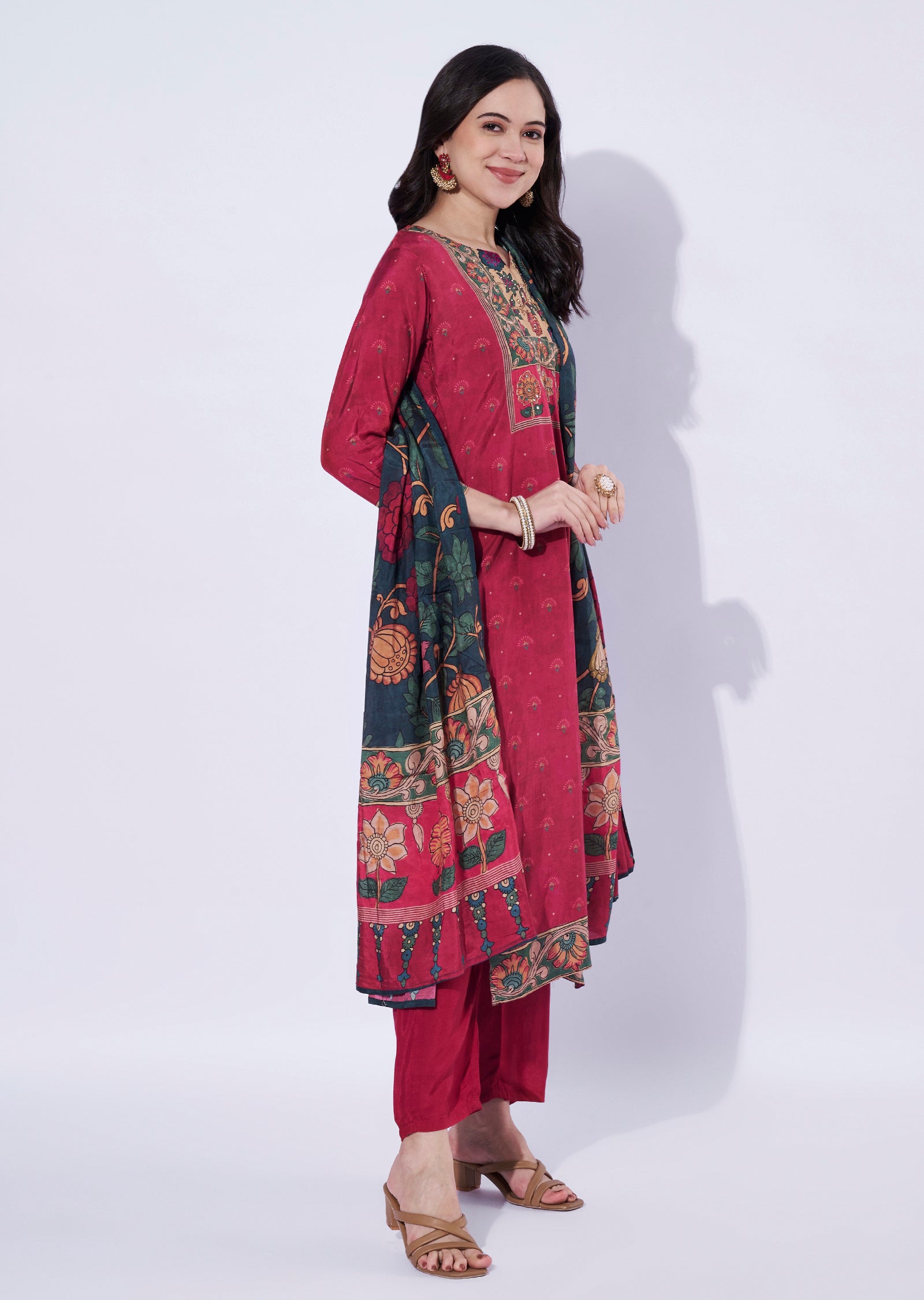Maroon straight cut kurti with printed dupatta