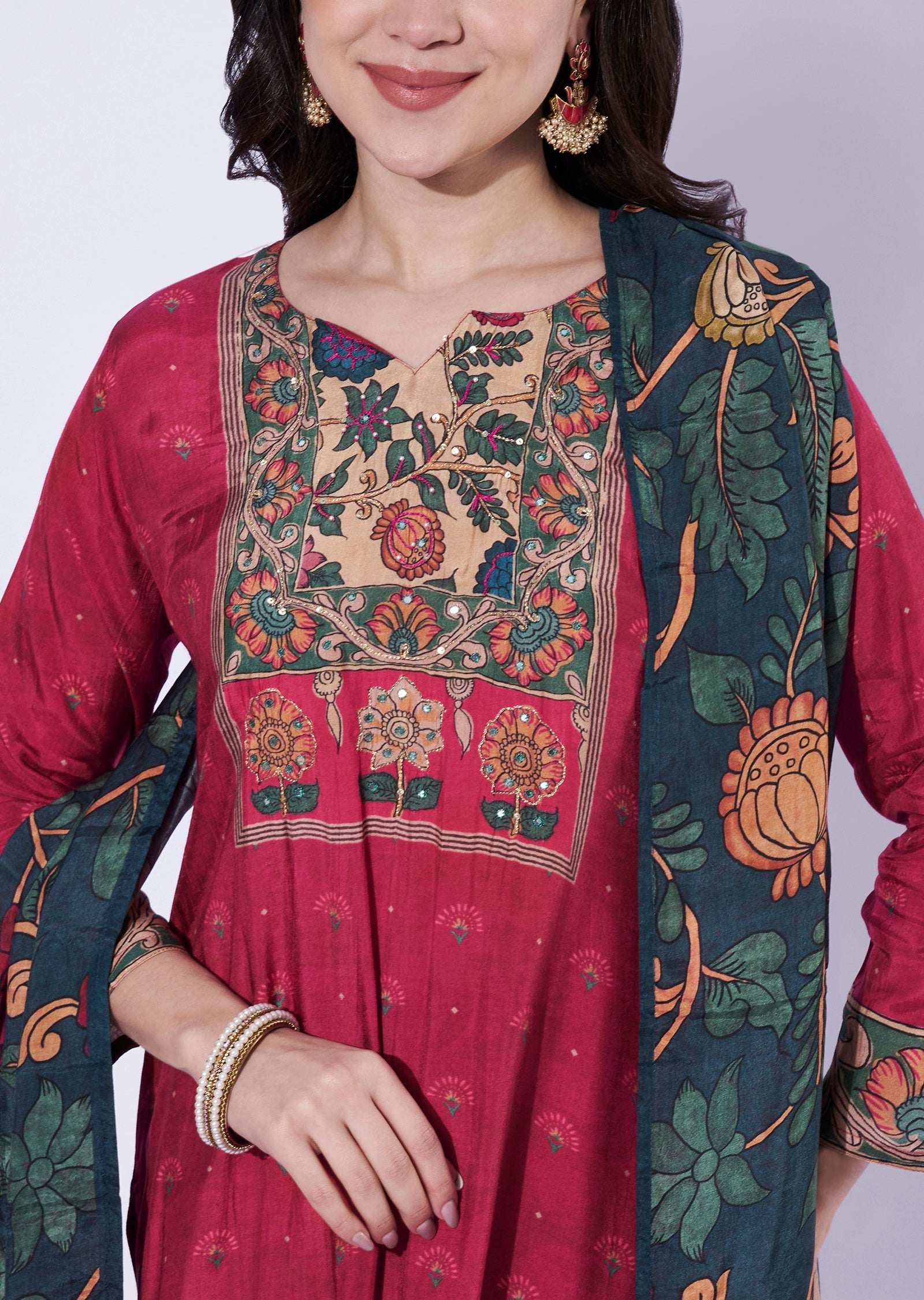 Maroon straight cut kurti with printed dupatta
