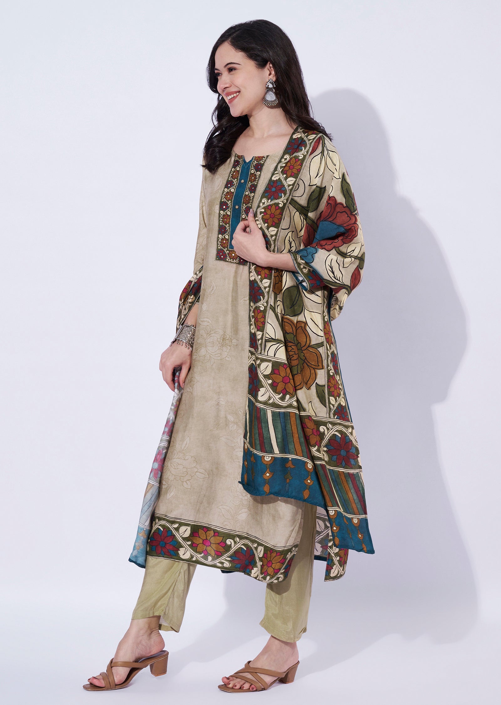 Beige straight cut kurti set with printed dupatta