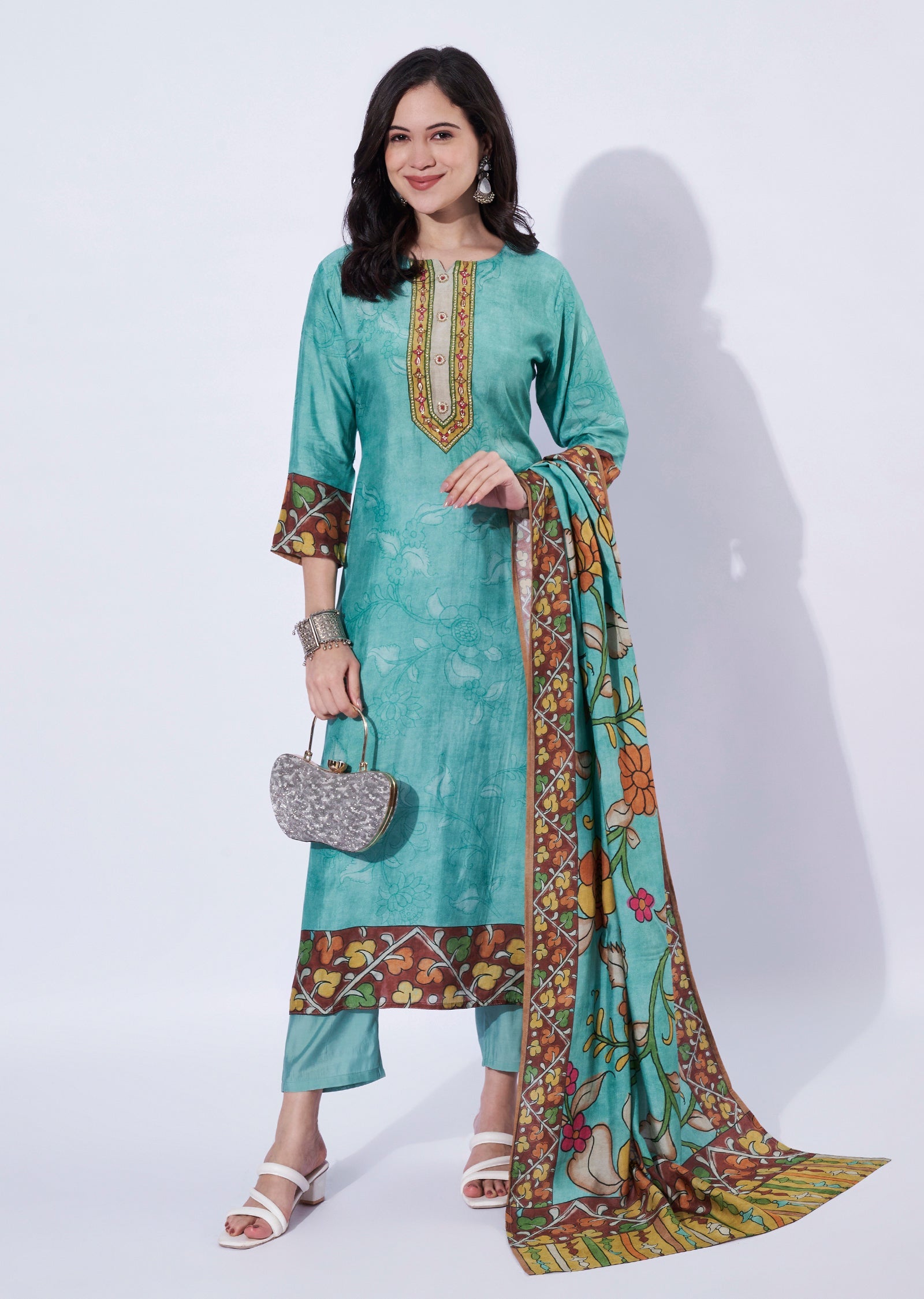 Sea green straight cut kurti set