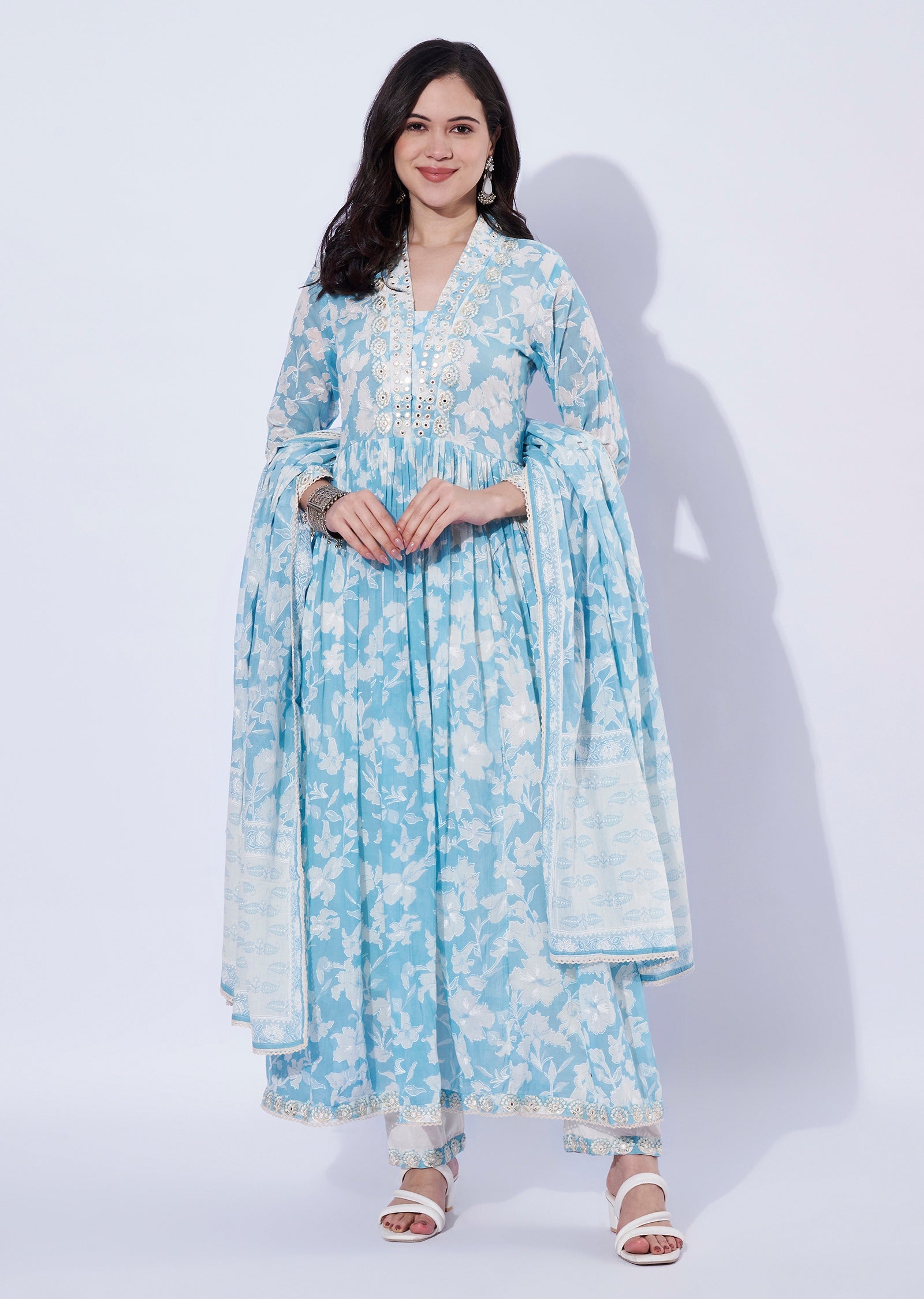 Light Blue Cotton Anarkali with Pant & Dupatta