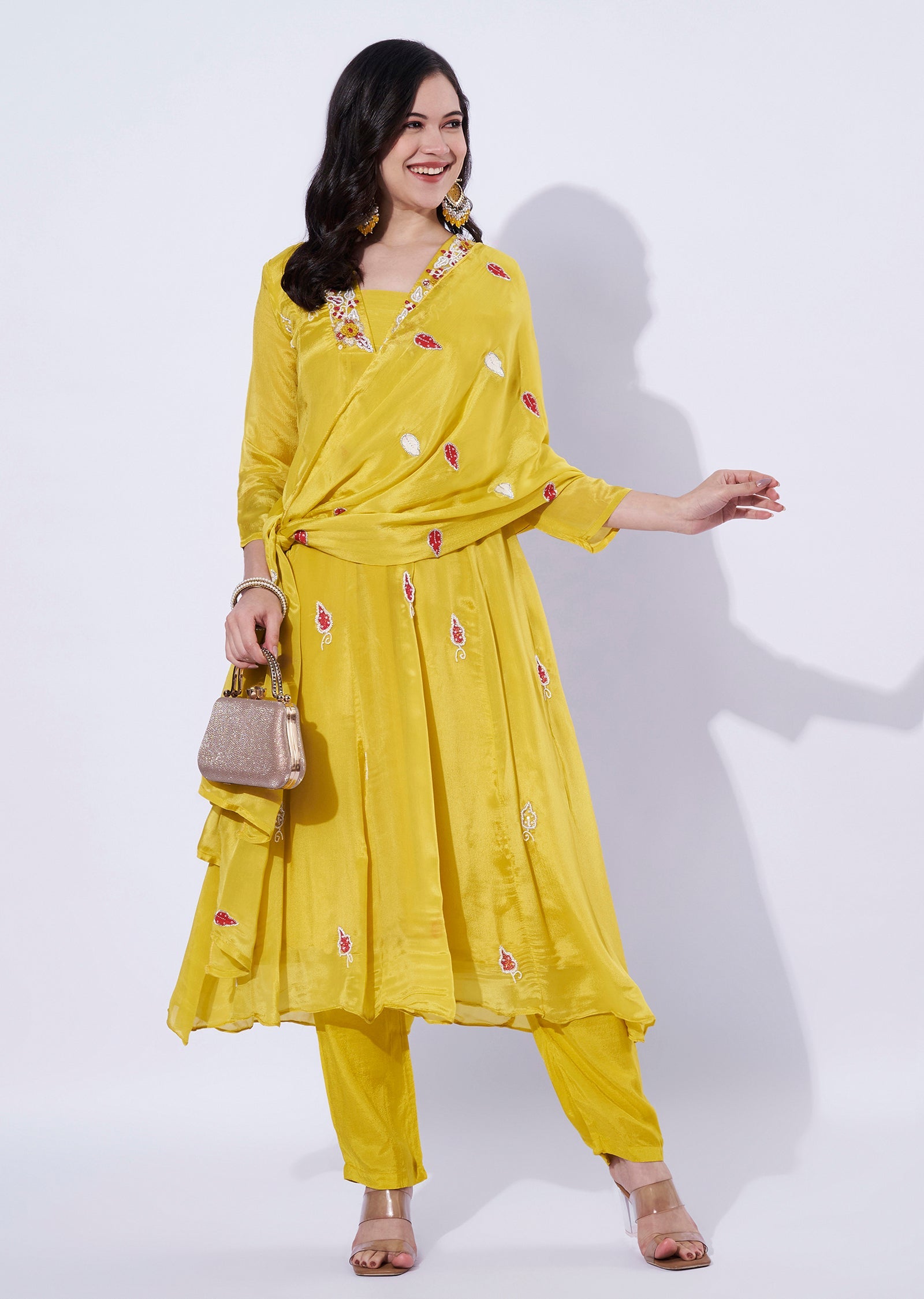 Yellow Chinnon Anarkali Suit