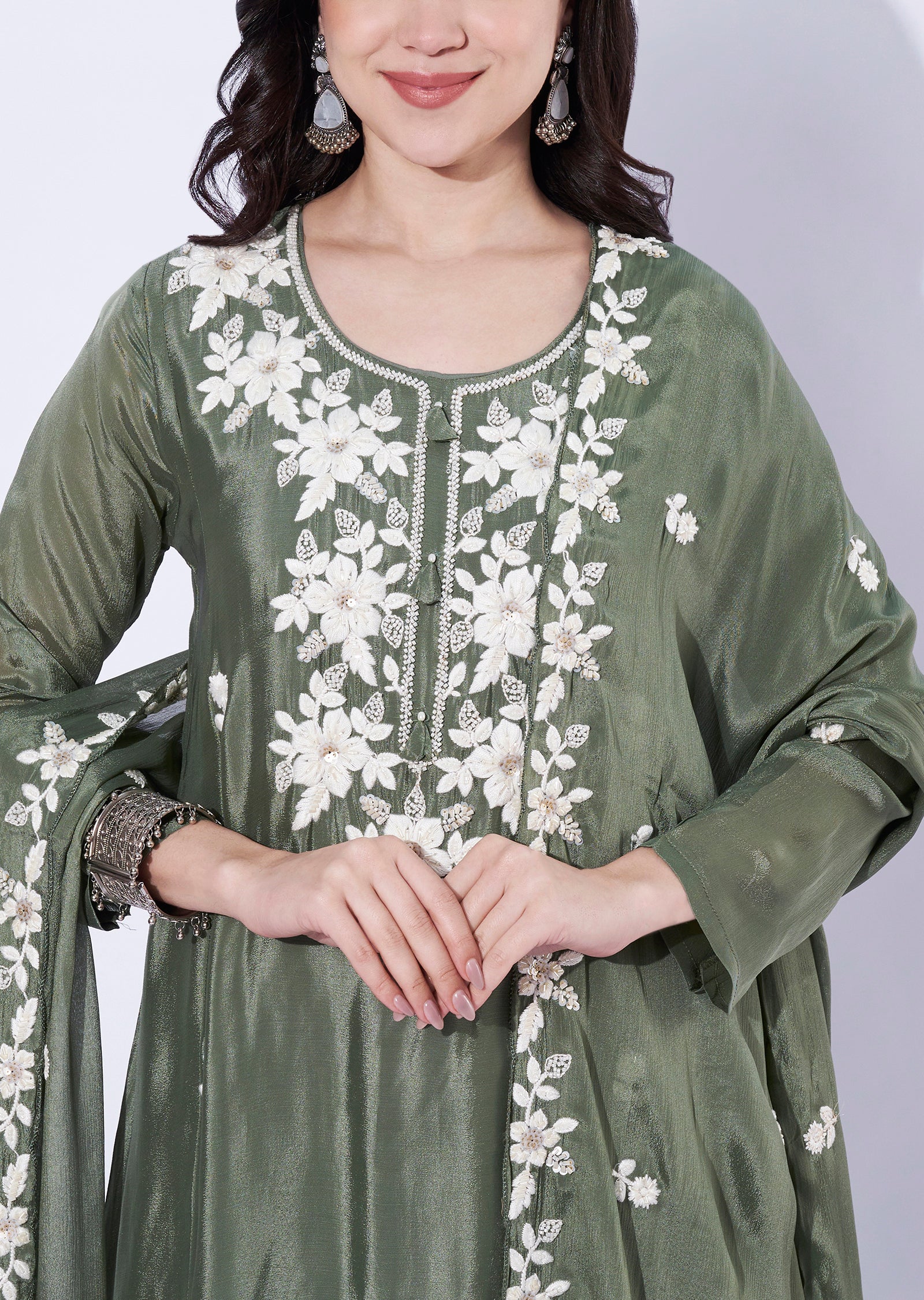Dusty Green Chinnon Anarkali Suit