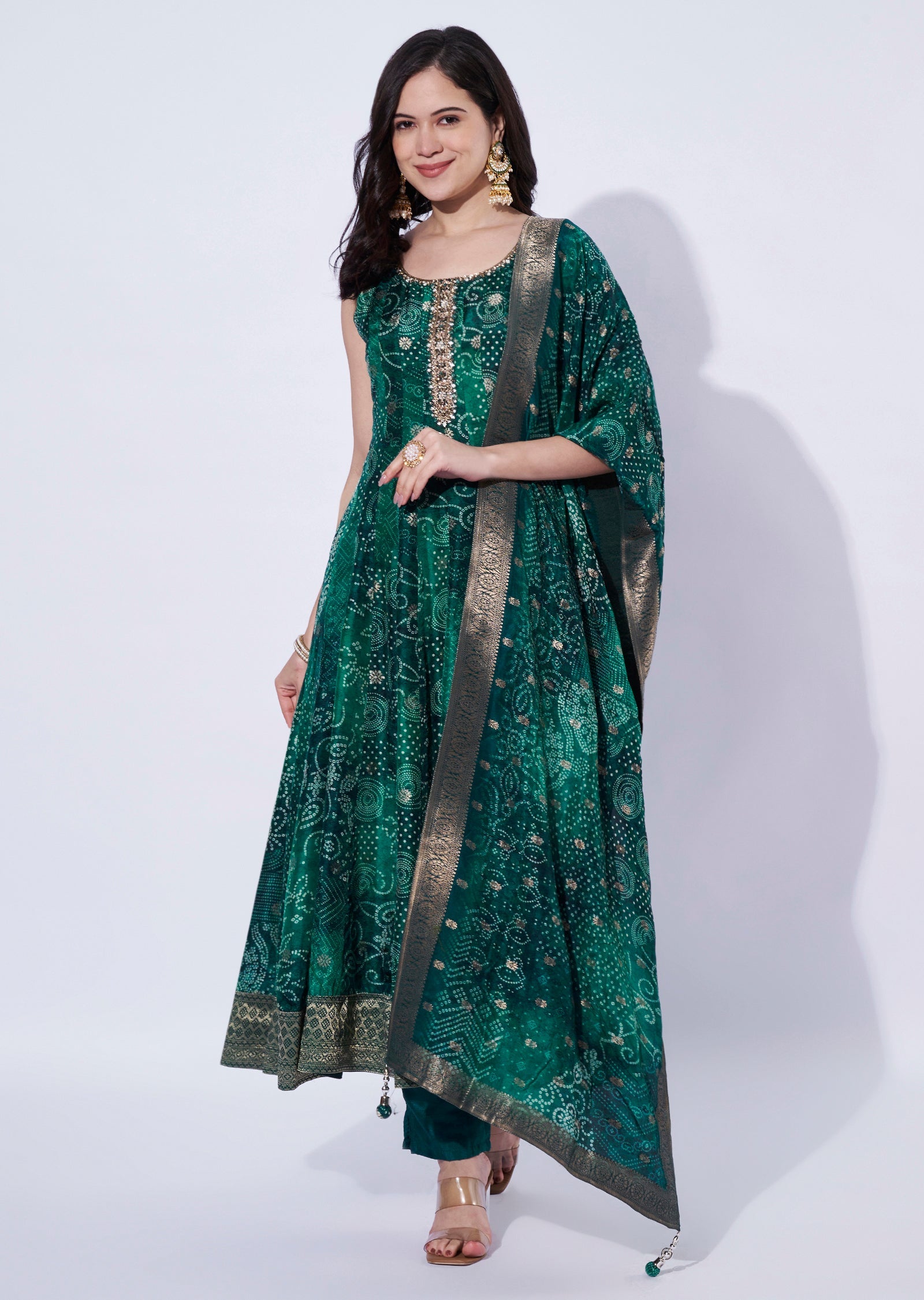 Bottle Green Chinnon Anarkali Suit