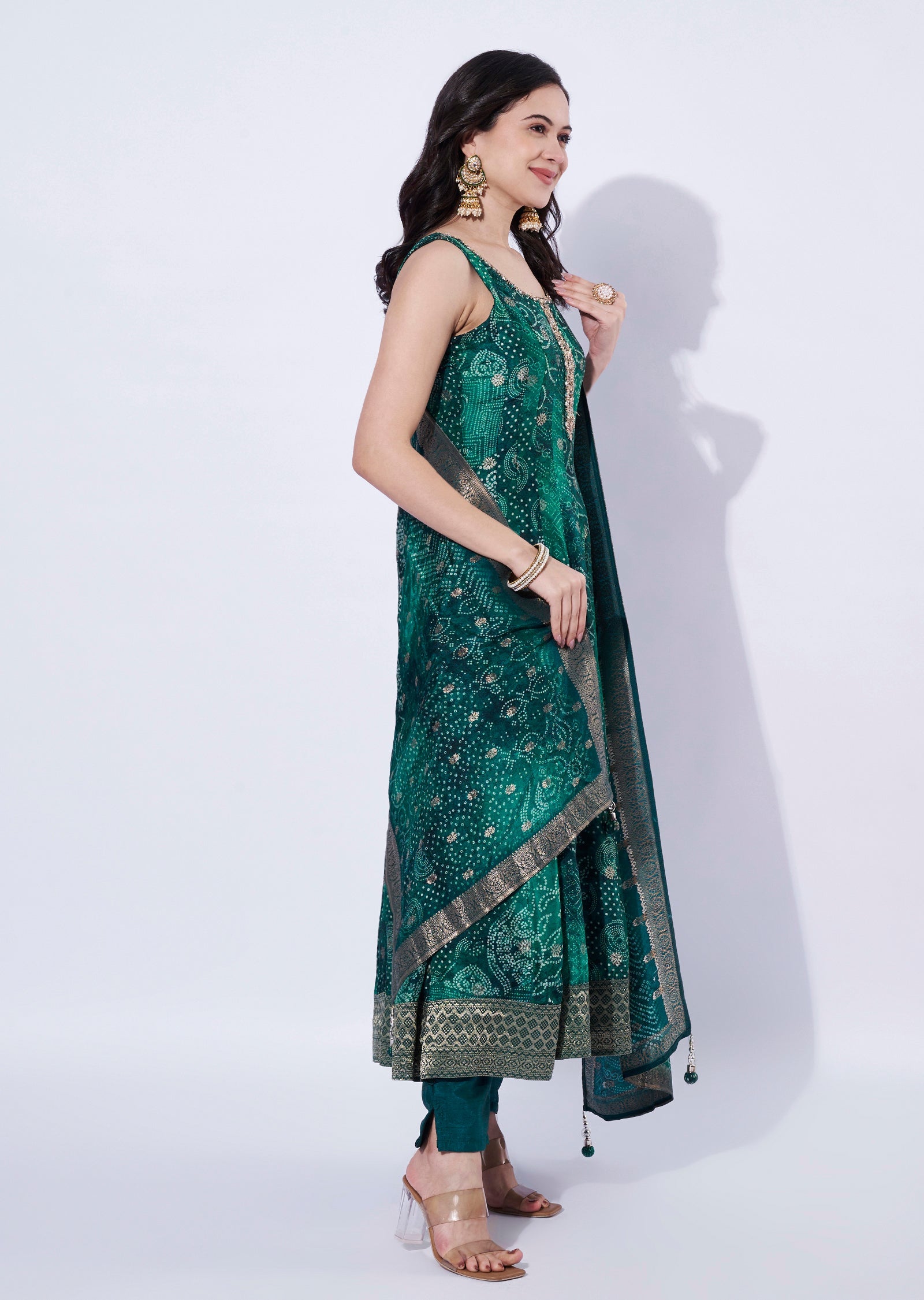Bottle Green Chinnon Anarkali Suit