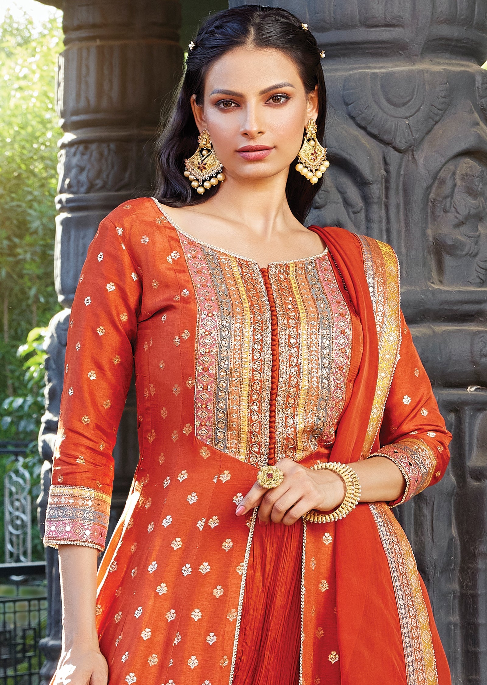 Rust orange front slit Anarkali
