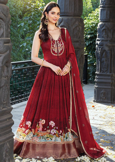 Maroon Silk Anarkali with Dupatta (set of two)