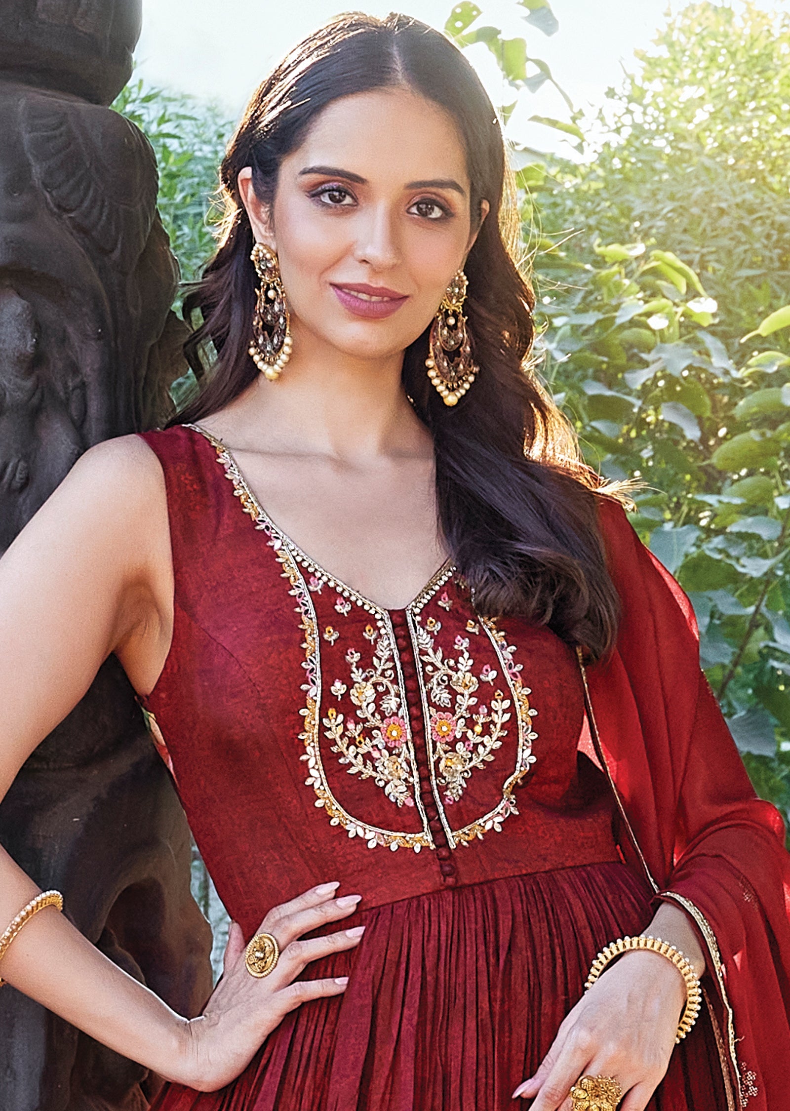 Maroon Silk Anarkali with Dupatta (set of two)