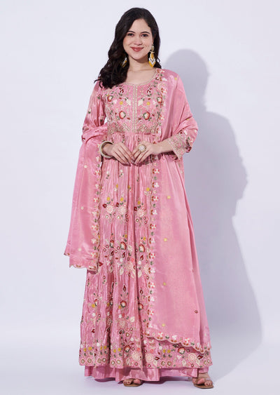 Pink Tissue Front-Slit Anarkali Suit