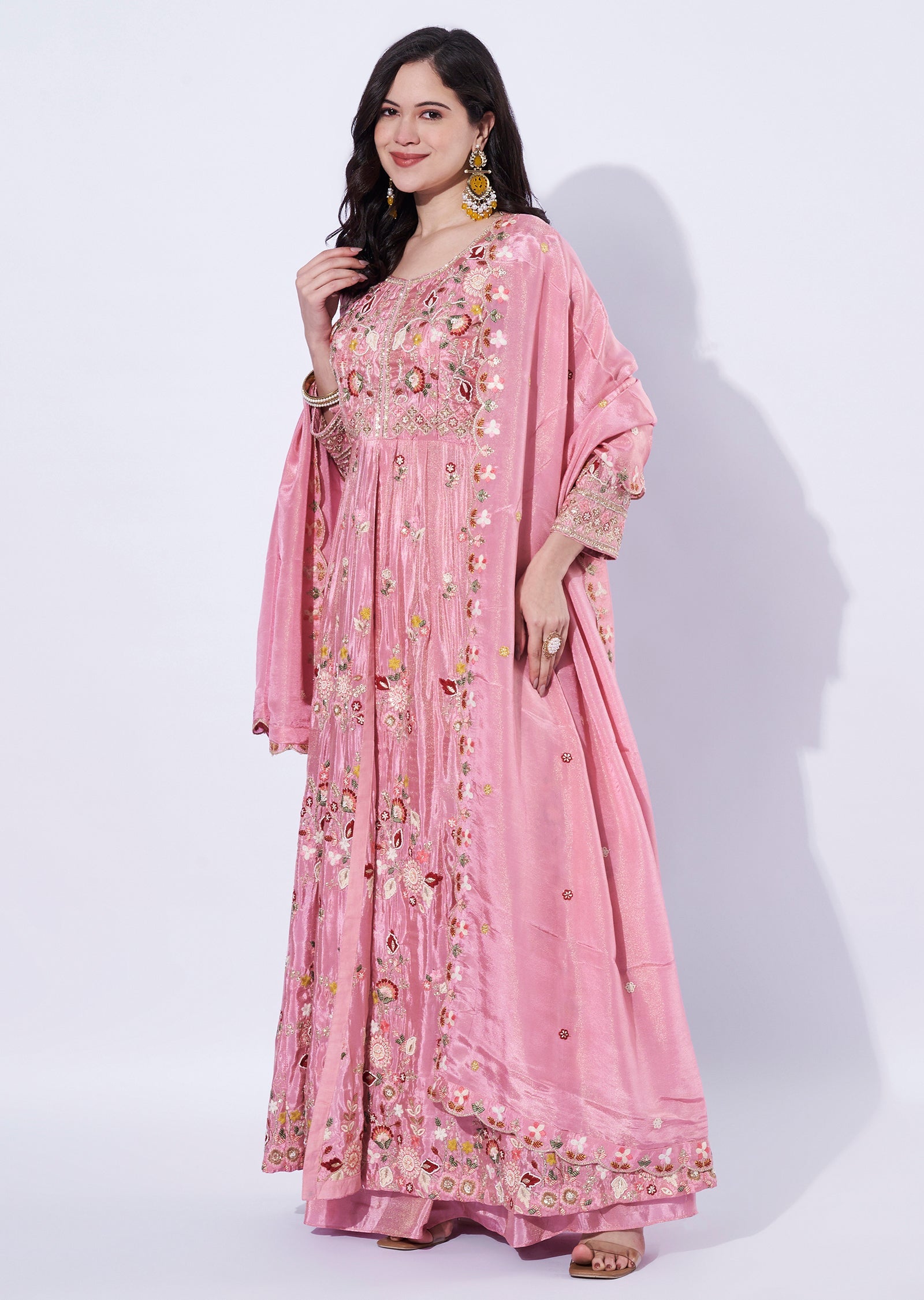 Pink Tissue Front-Slit Anarkali Suit