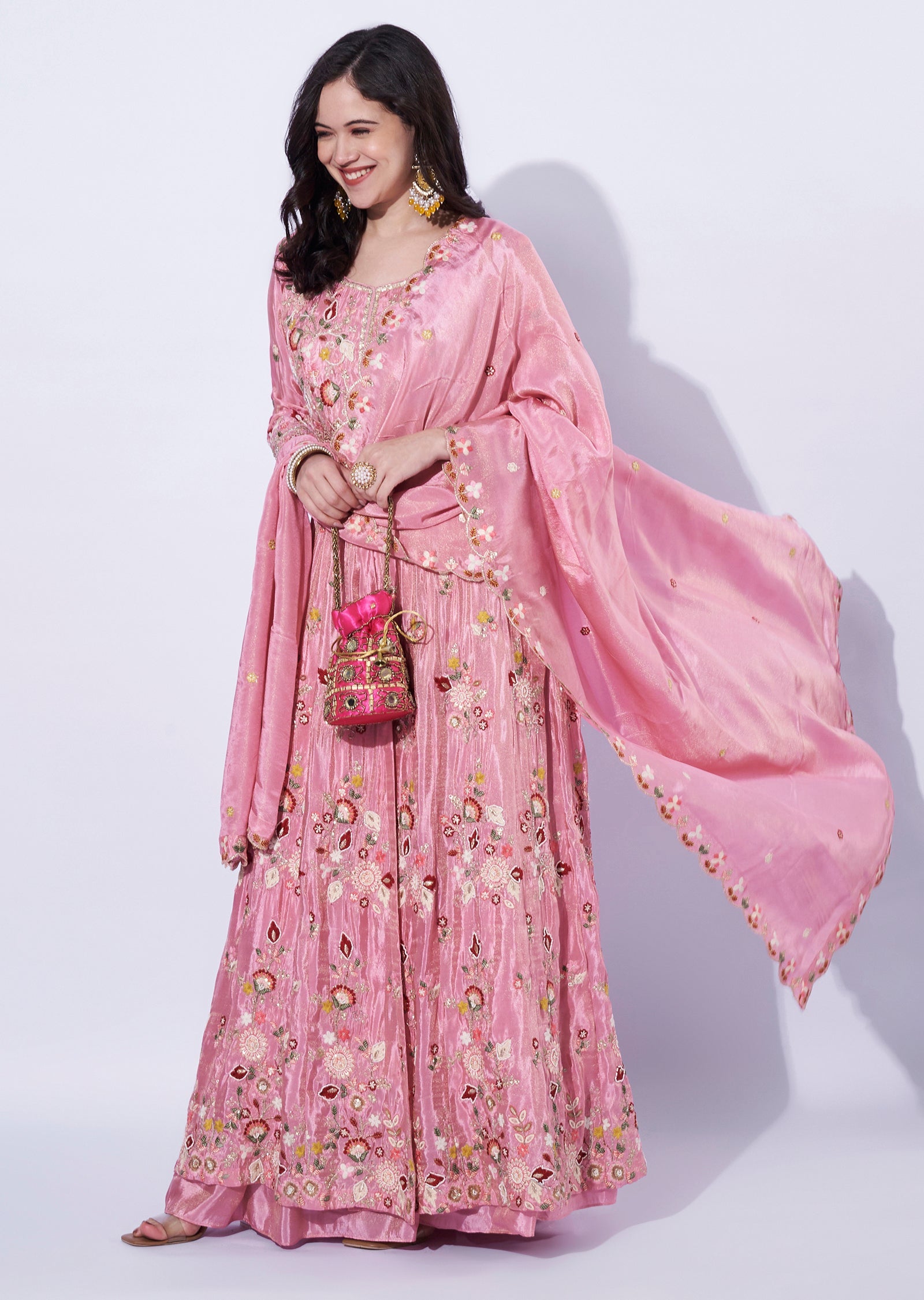 Pink Tissue Front-Slit Anarkali Suit
