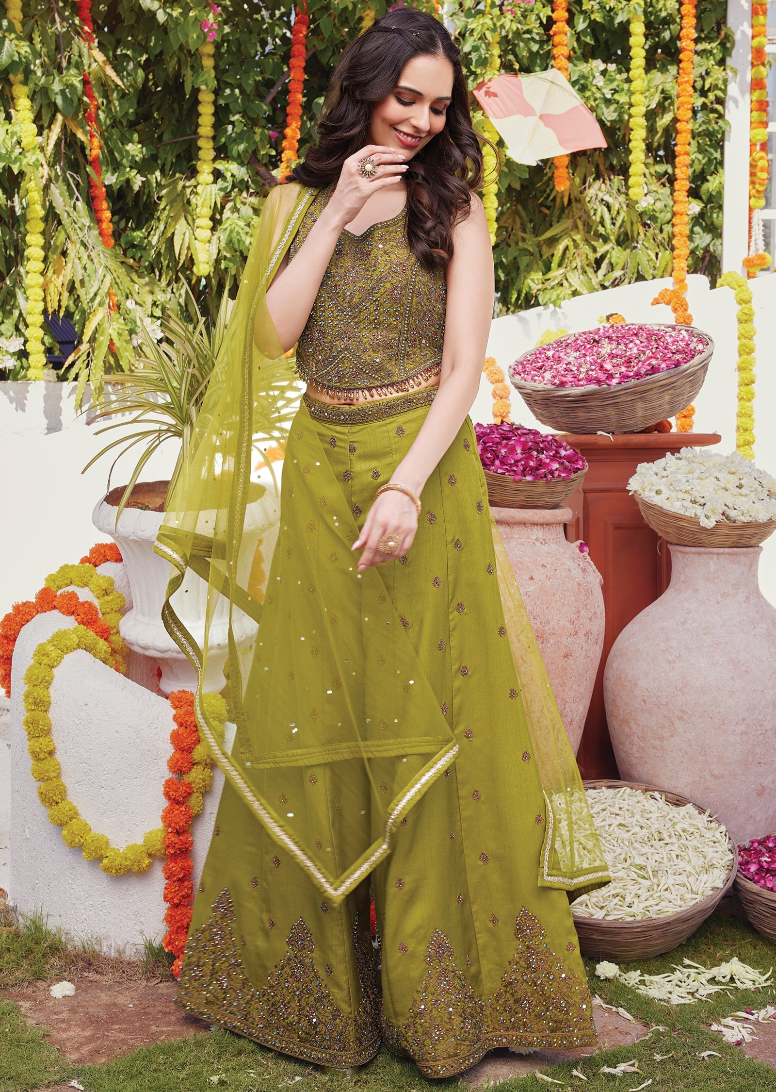 Olive green silk Sharara set