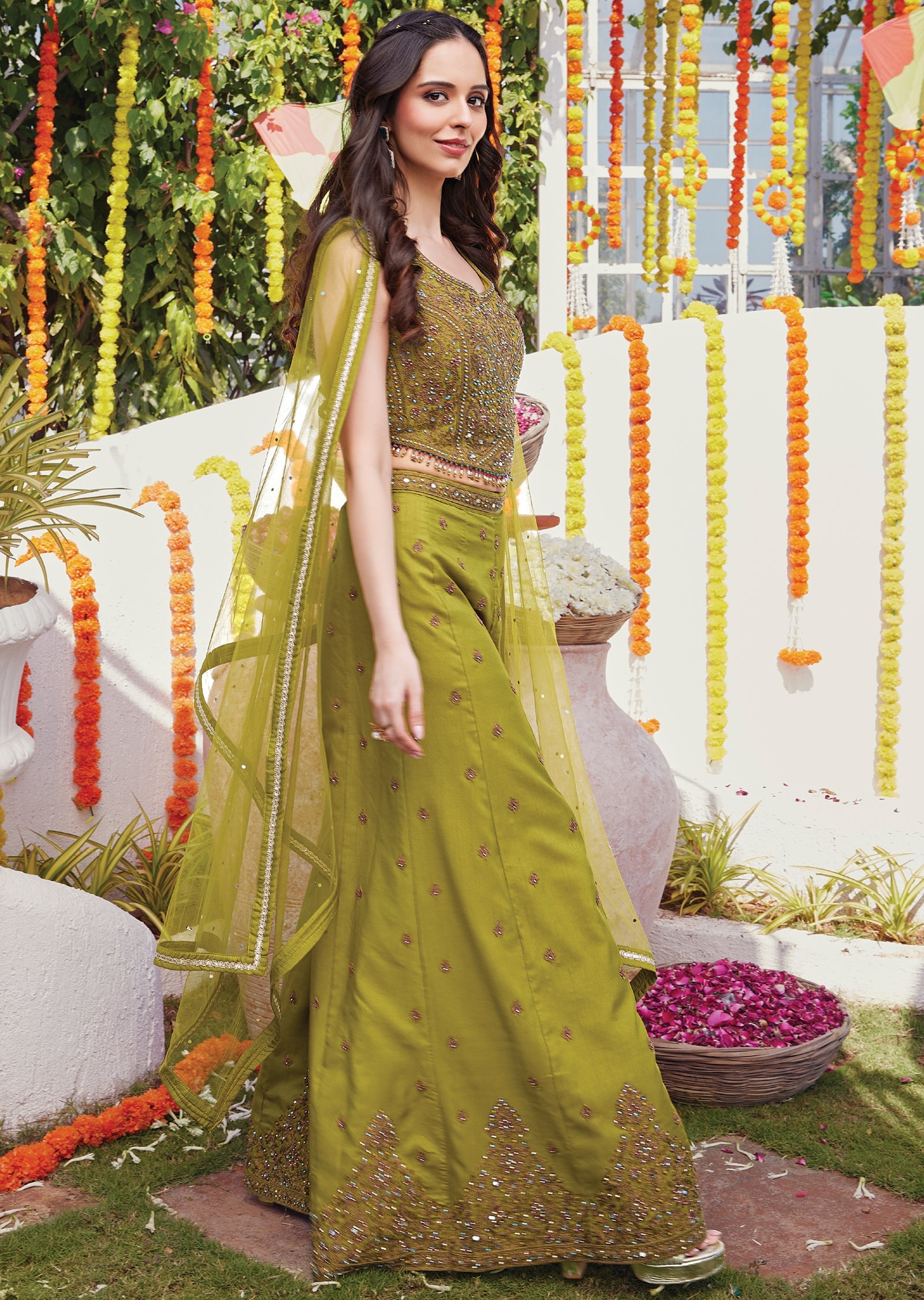 Olive green silk Sharara set