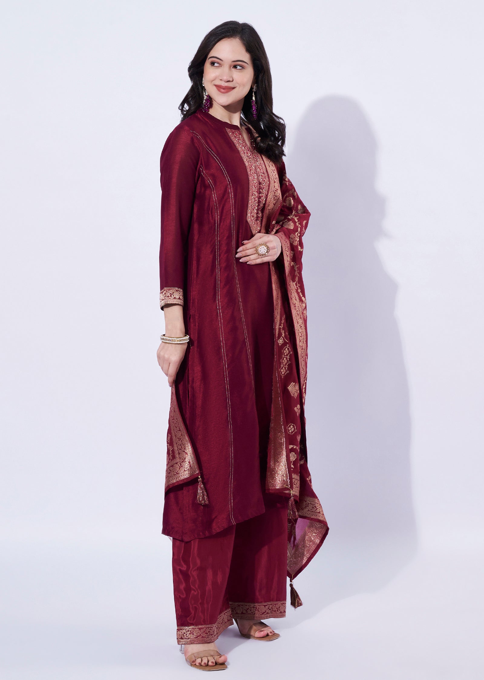 Maroon Silk A-Line Straight Cut Suit