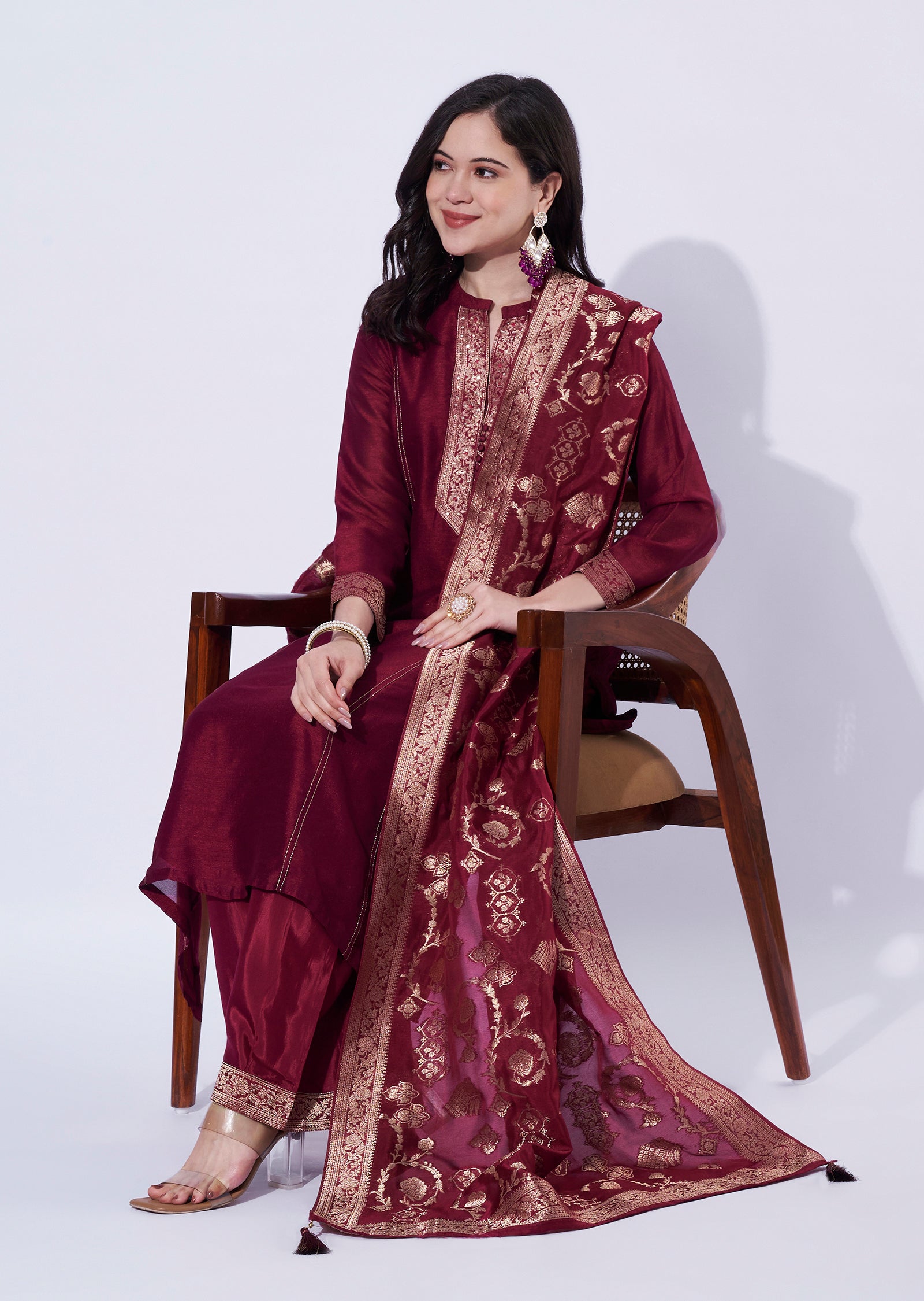 Maroon Silk A-Line Straight Cut Suit