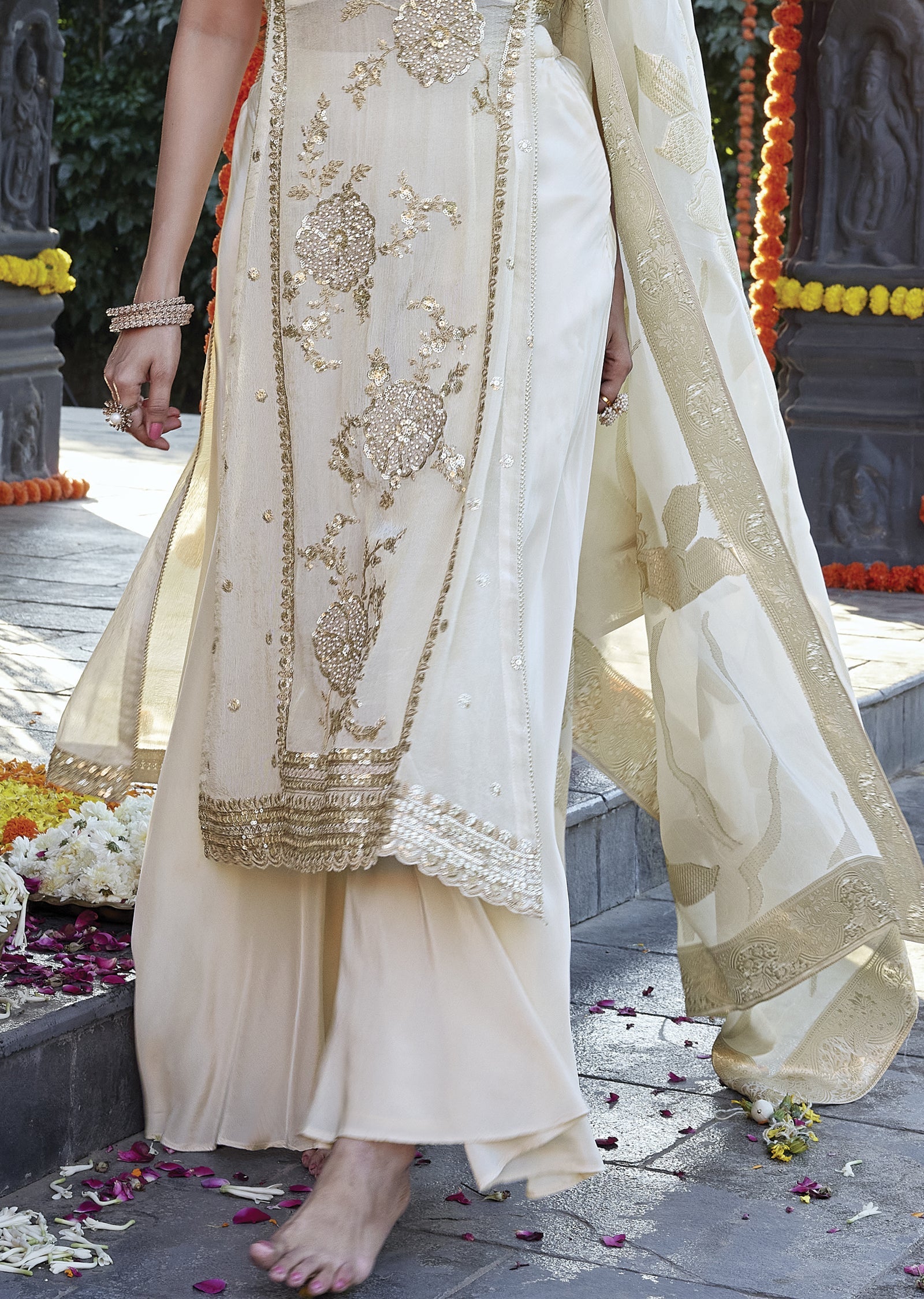 Beige Tissue straight cut kurti with palazzo pants