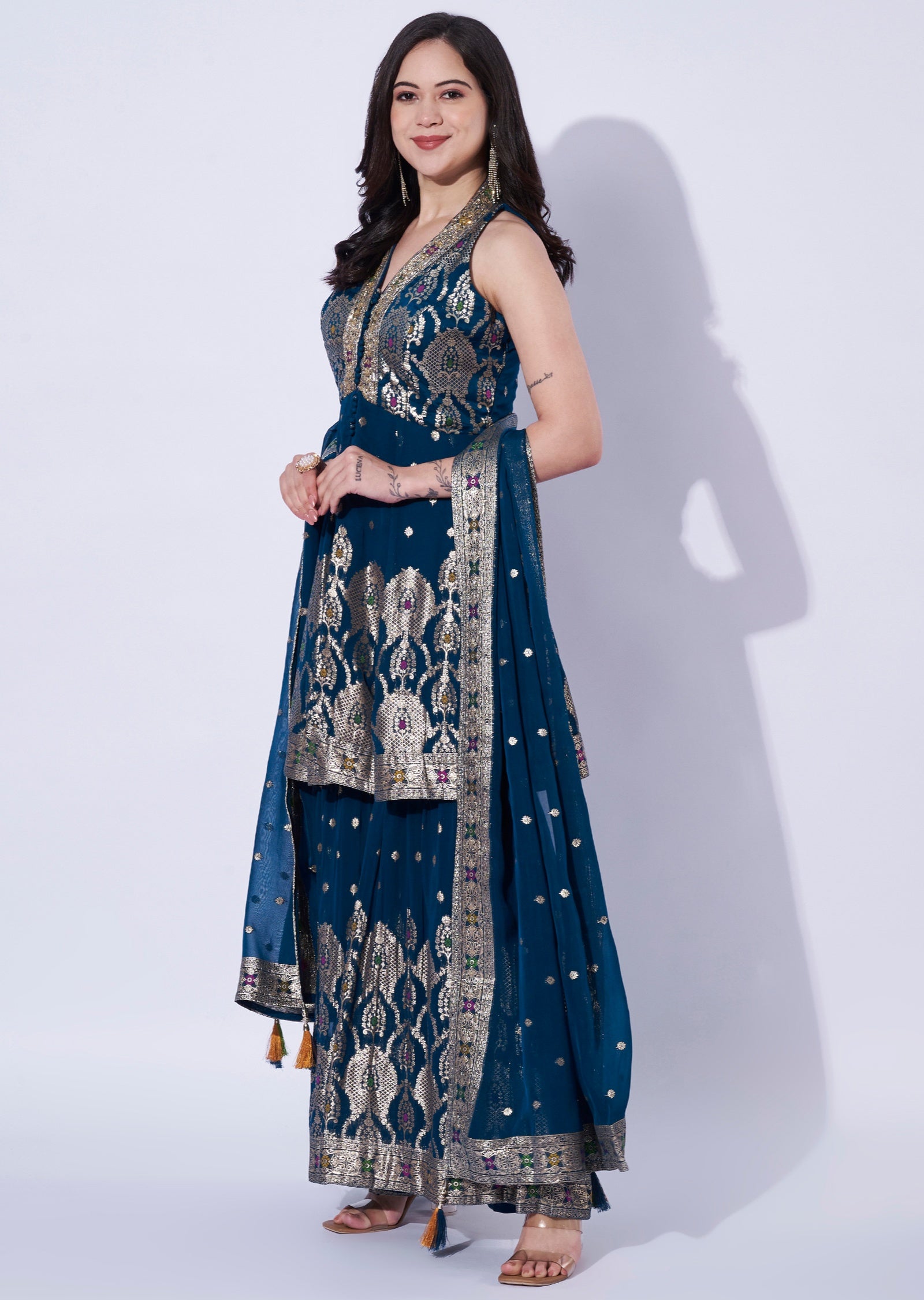 Teal Blue Georgette Front-Slit anarkali and gharara set