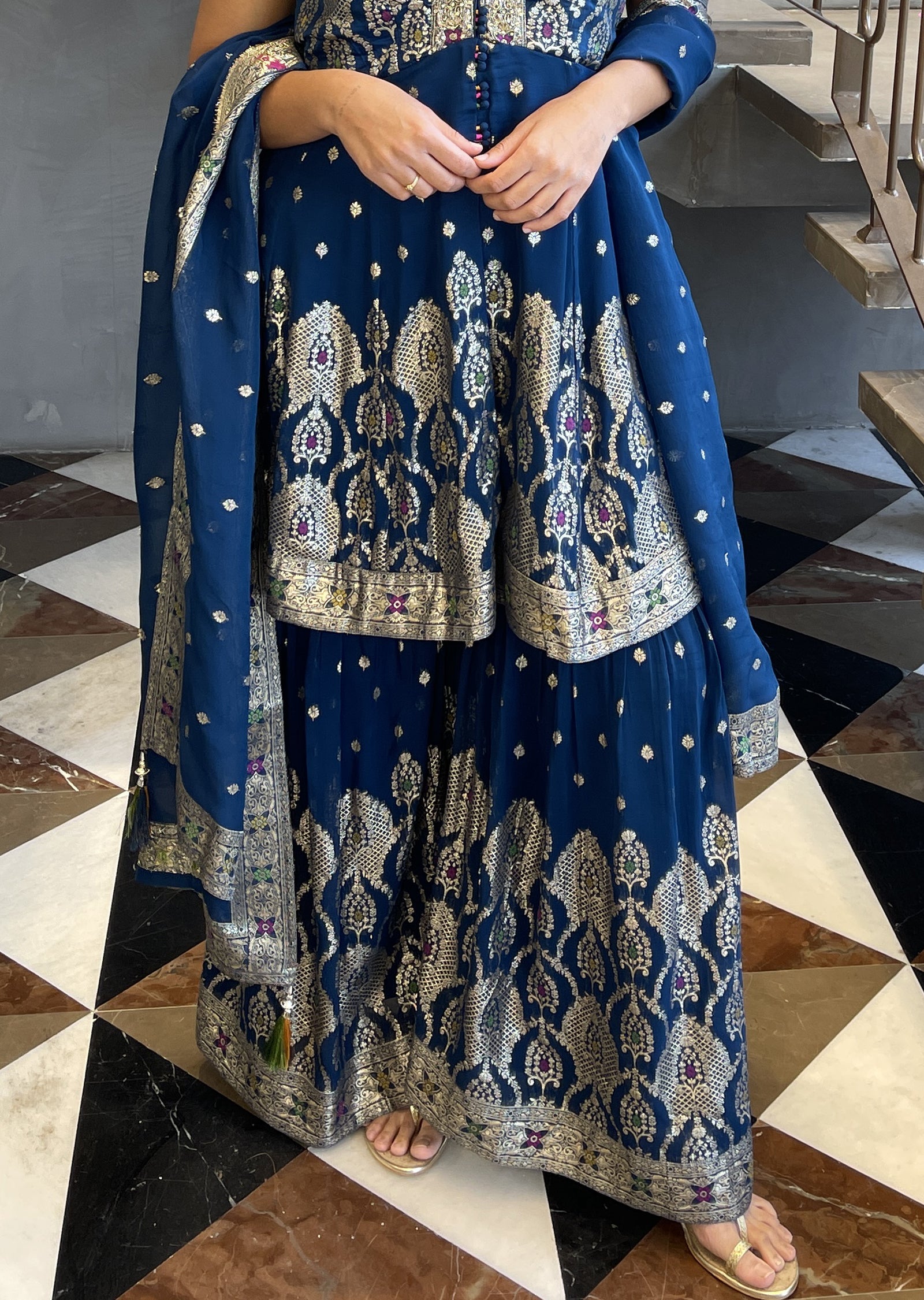 Teal Blue Georgette Front-Slit anarkali and gharara set