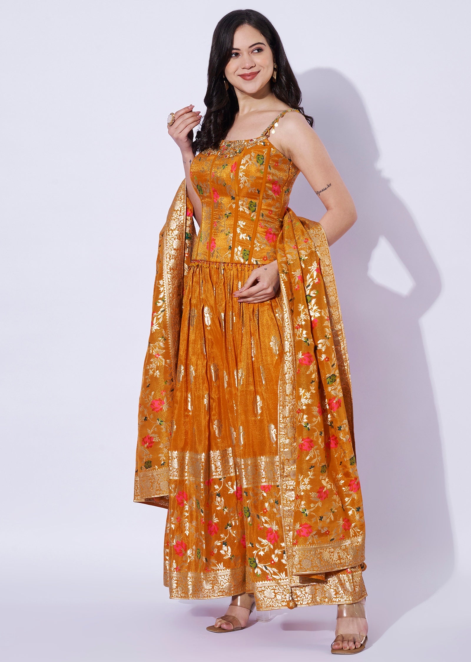 Orange Tissue corset Blouse with Palazzo & Banaras Dupatta