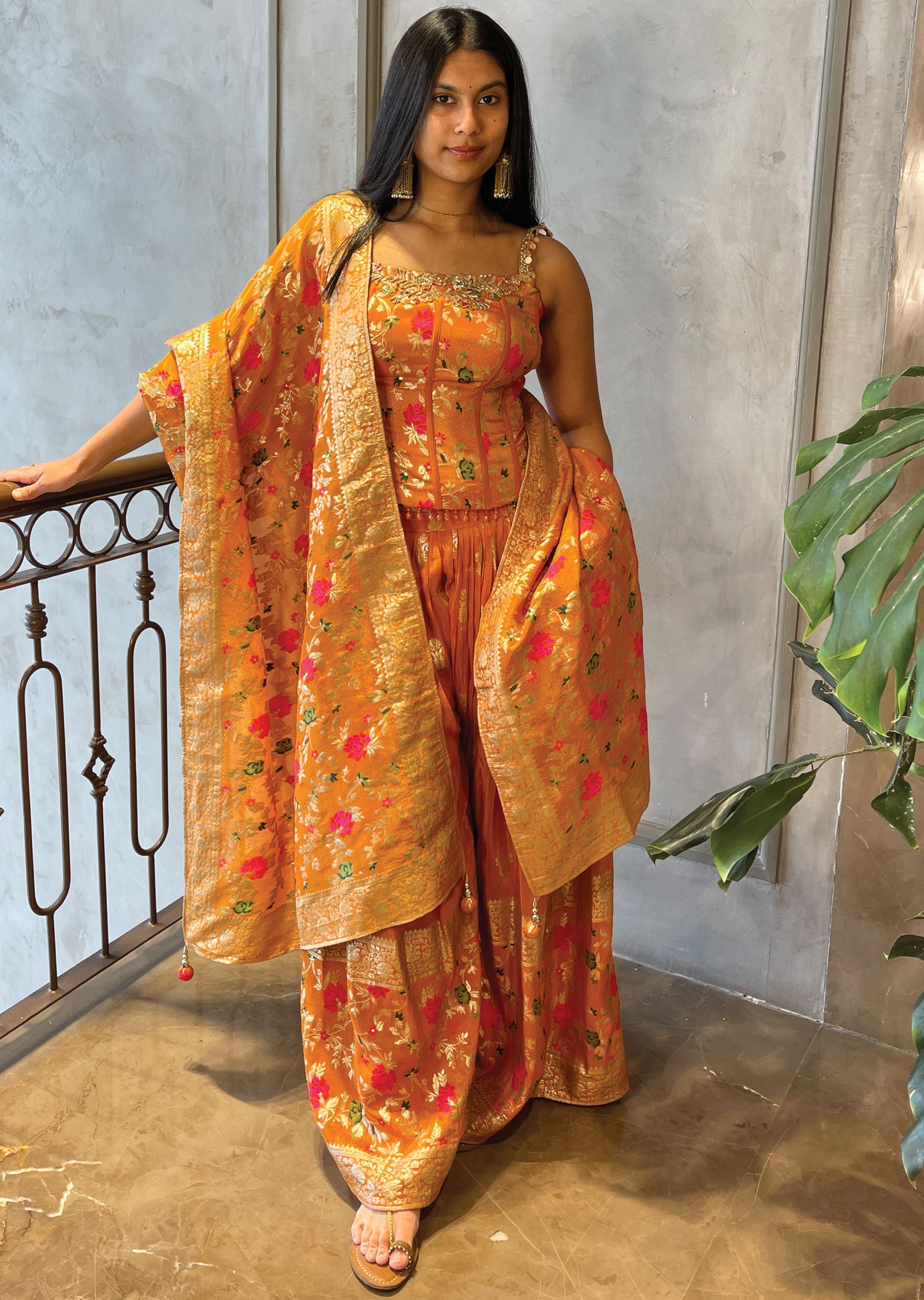 Orange Tissue corset Blouse with Palazzo & Banaras Dupatta