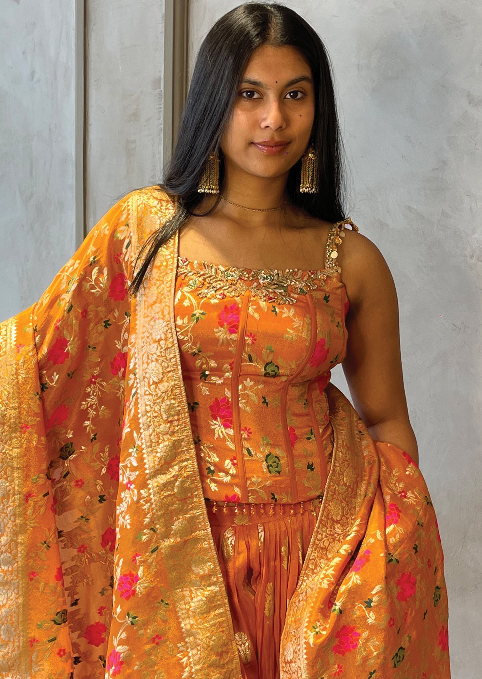 Orange Tissue corset Blouse with Palazzo & Banaras Dupatta
