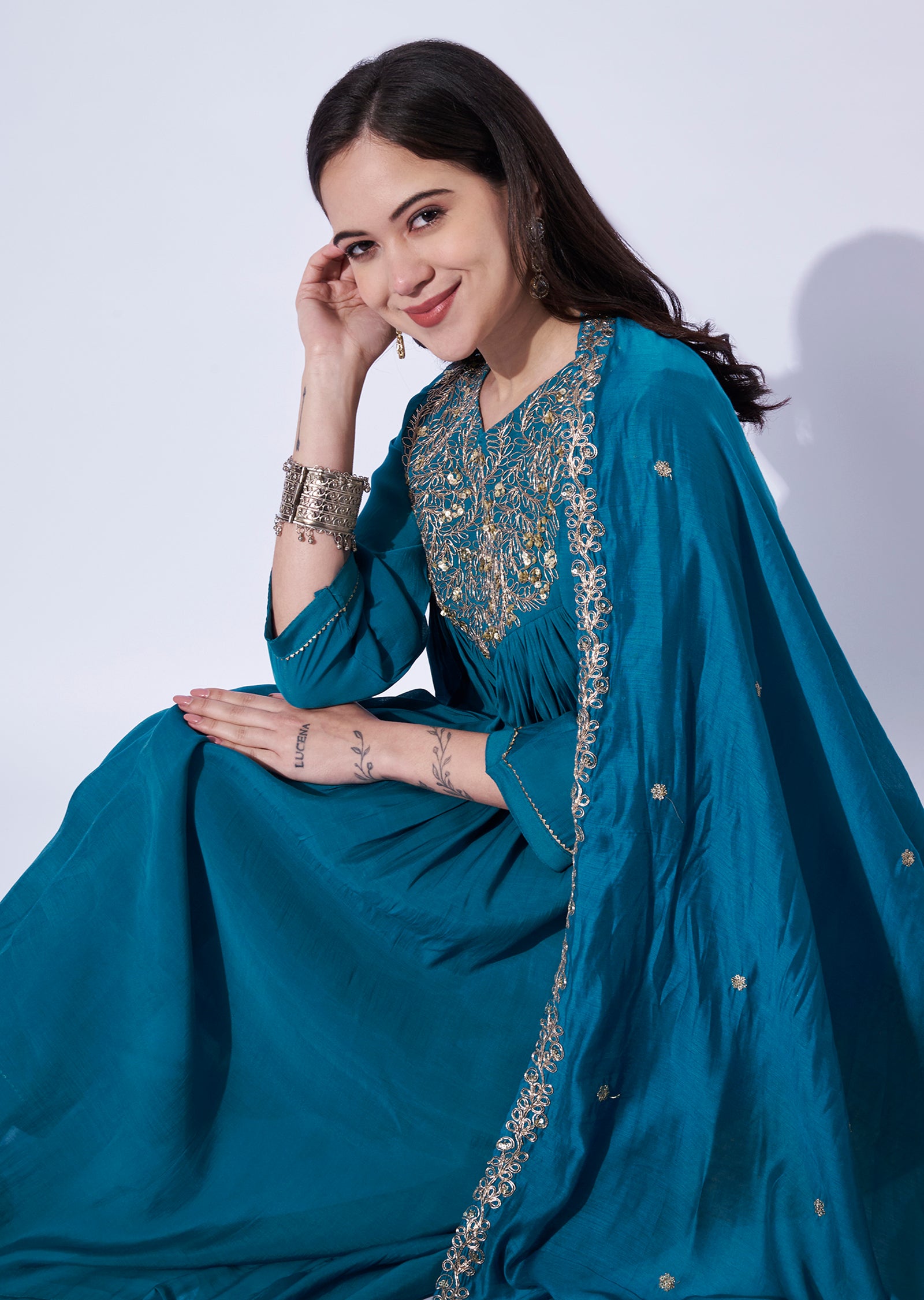 Blue Mul Chanderi Anarkali