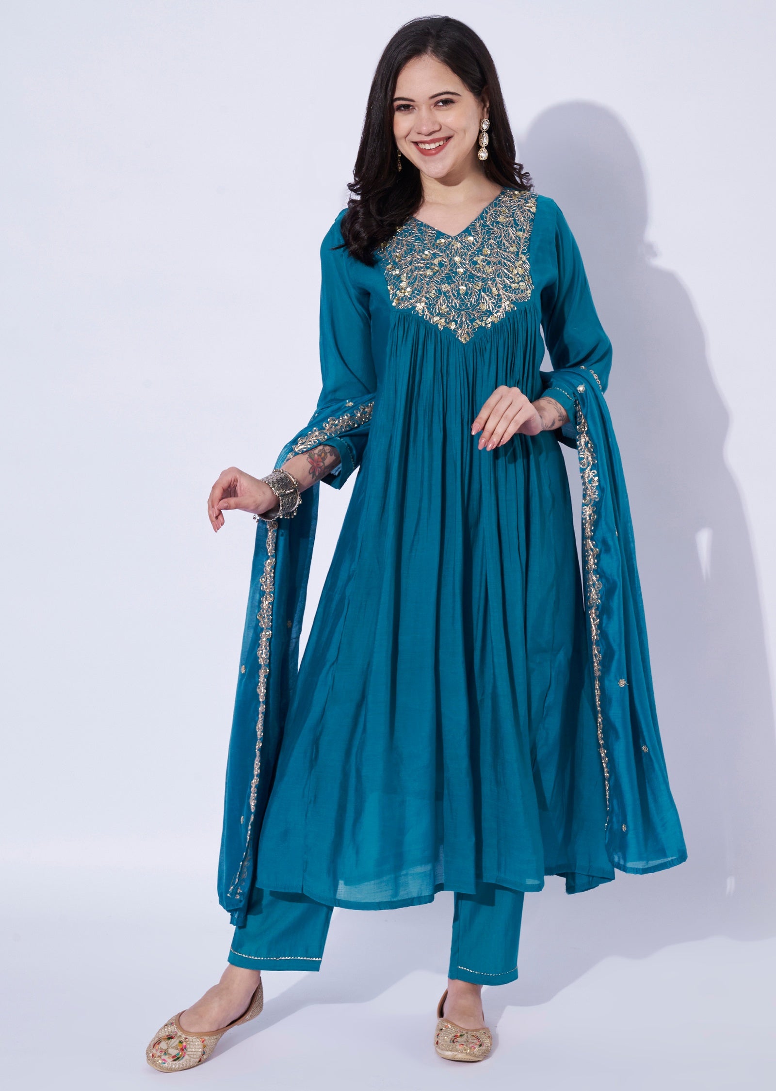 Blue Mul Chanderi Anarkali