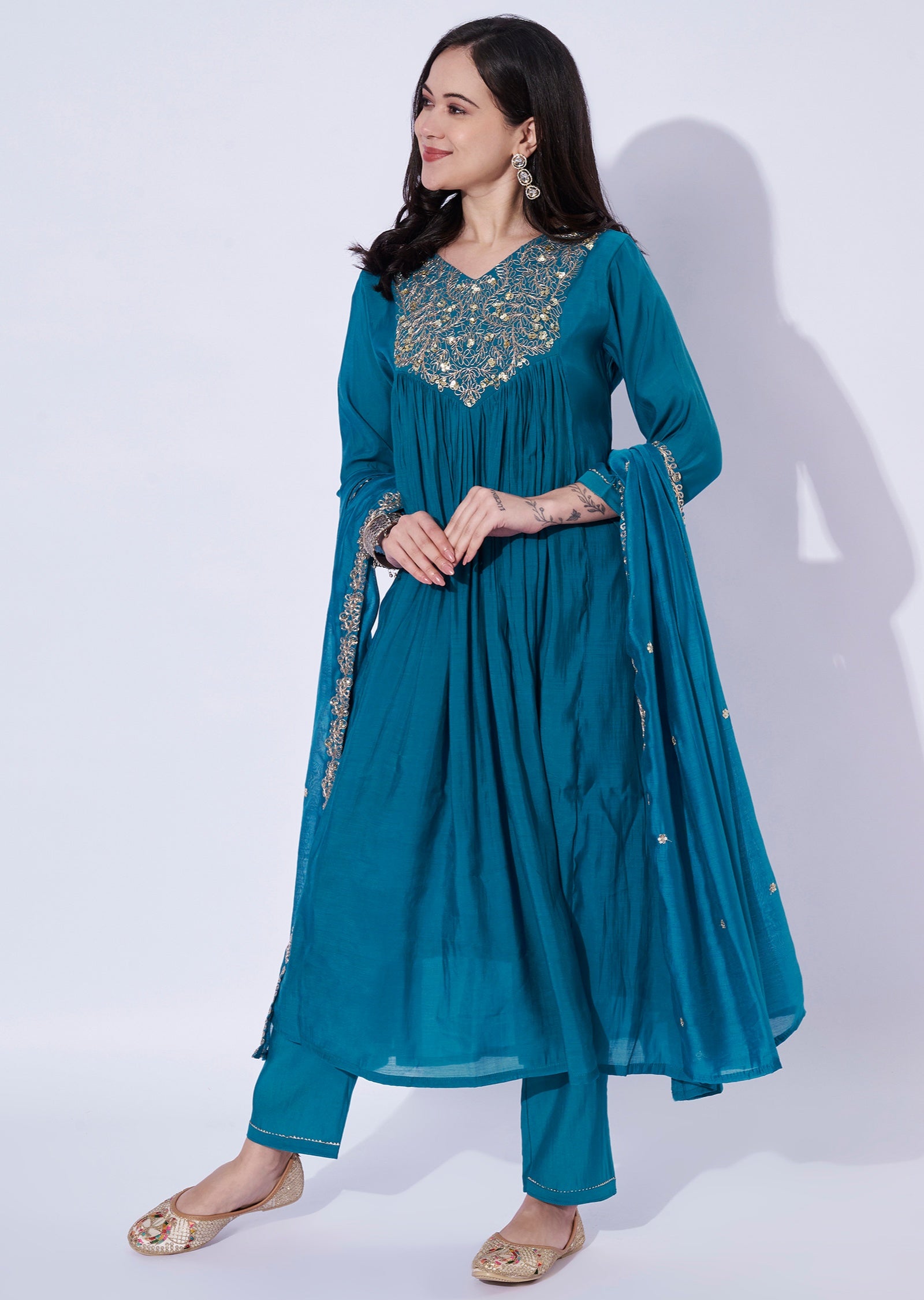 Blue Mul Chanderi Anarkali