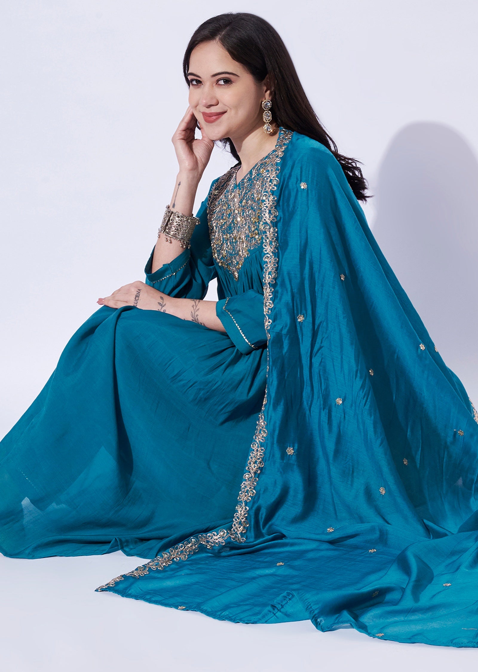 Blue Mul Chanderi Anarkali
