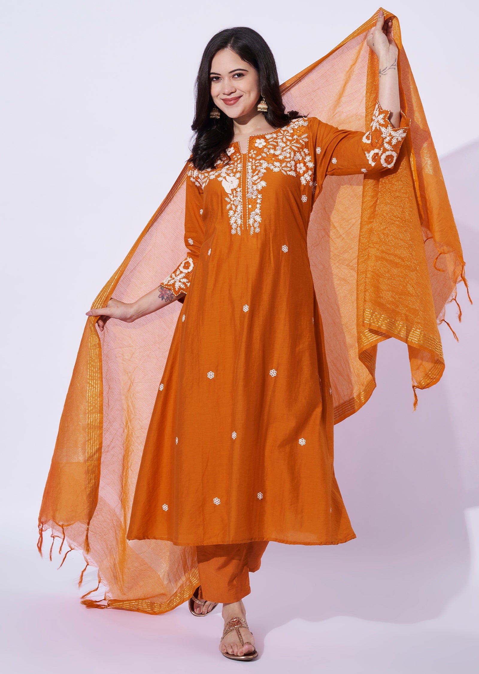 Rust Mul Chanderi Anarkali Suit