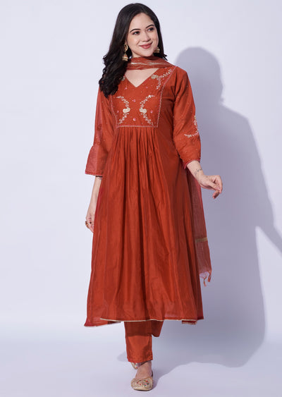 Rust Mul Chanderi Anarkali Suit